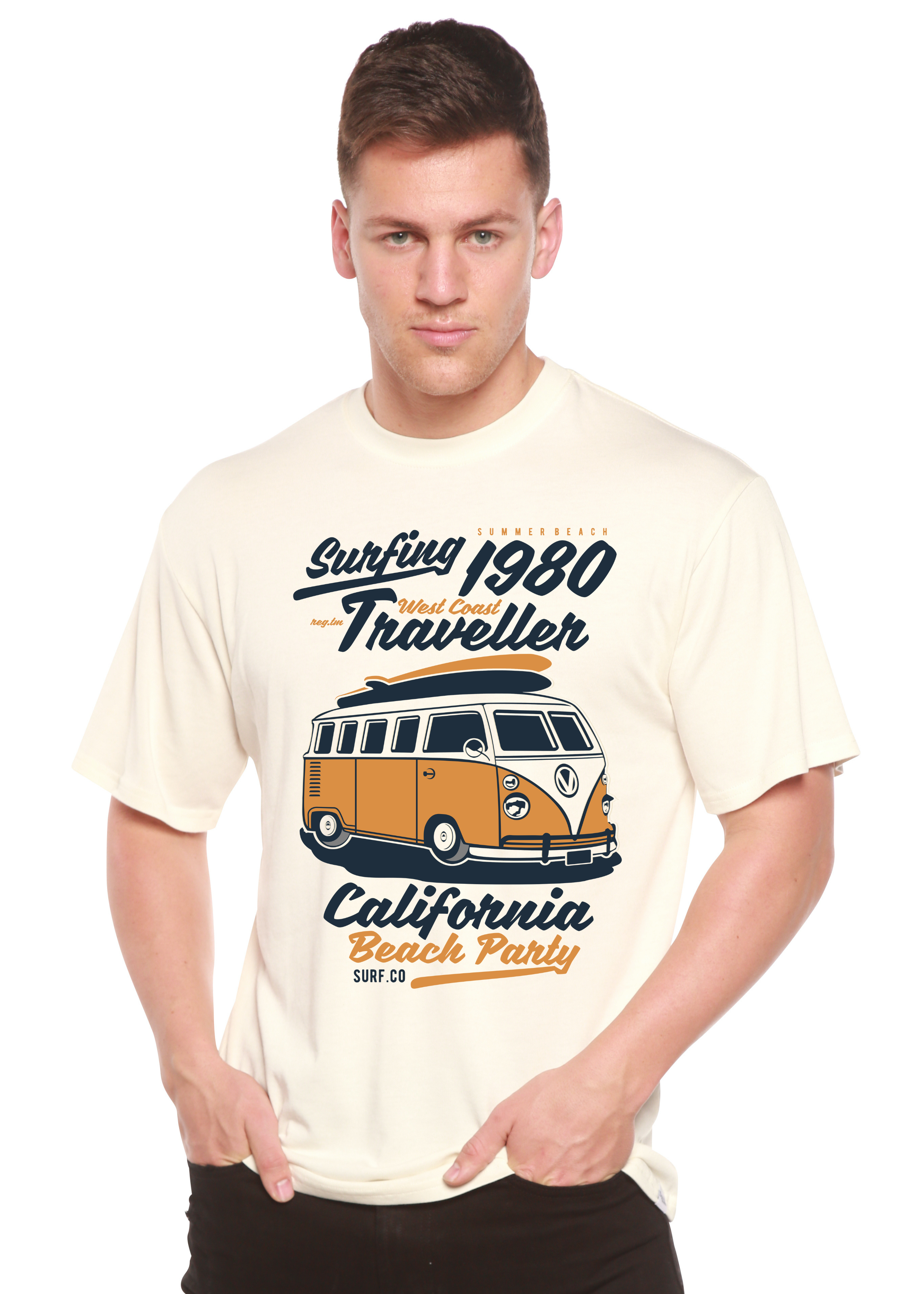 Camiseta gráfica de manga corta de viscosa de bambú/algodón orgánico para hombre Spun Bamboo® "Surfing 1980"