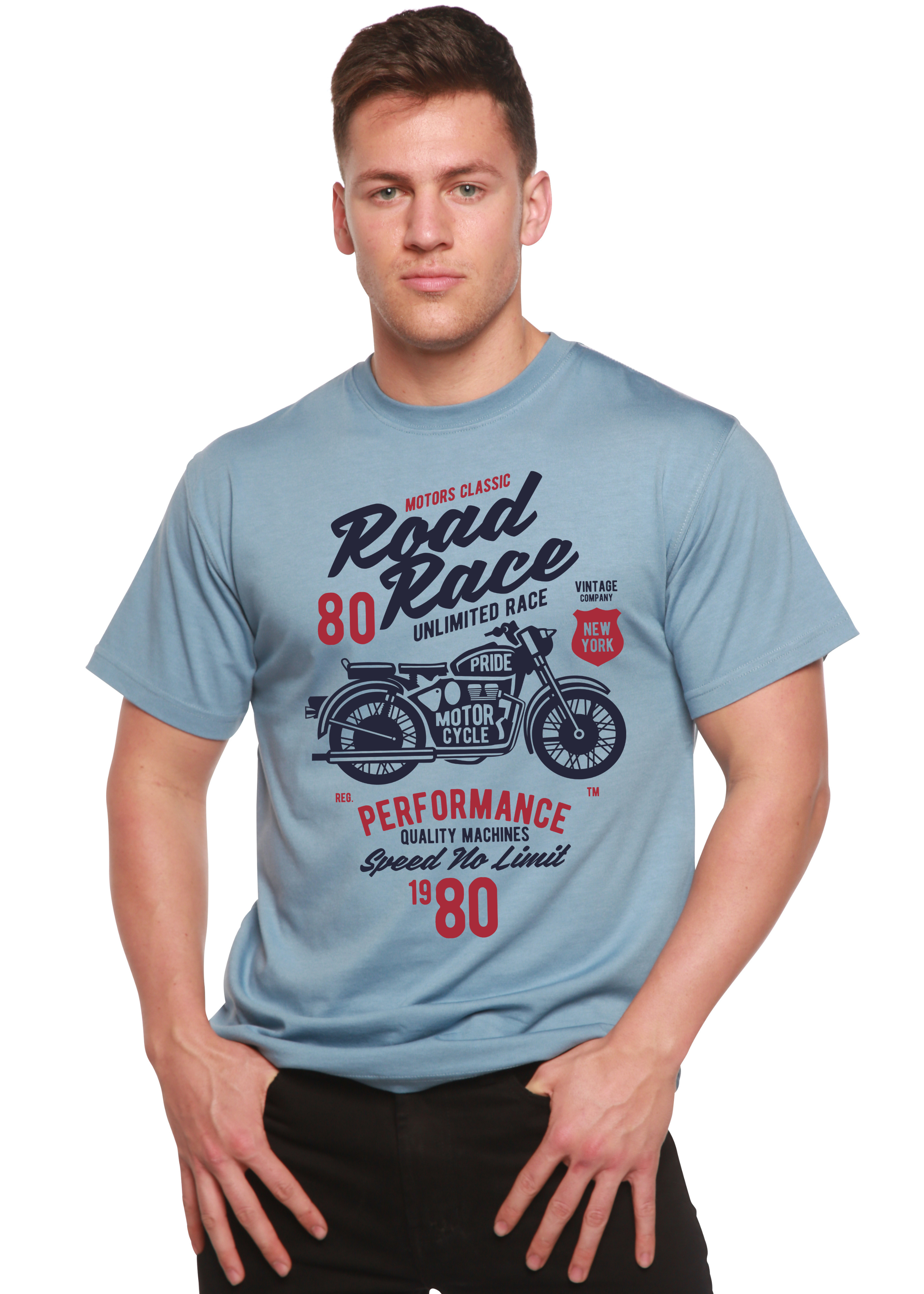 Camiseta gráfica de manga corta Spun Bamboo® de viscosa de bambú/algodón orgánico para hombre con motos de carrera