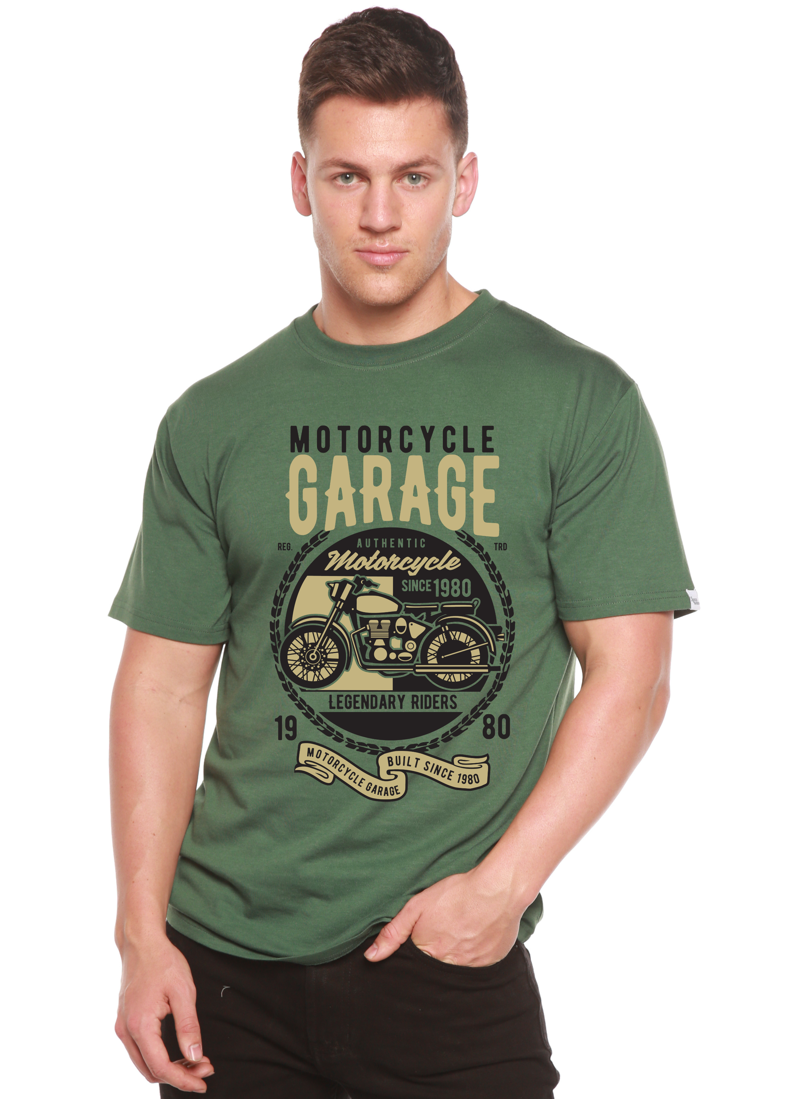 Camiseta gráfica de manga corta de viscosa de bambú y algodón orgánico para hombre "Motorcycle Garage"