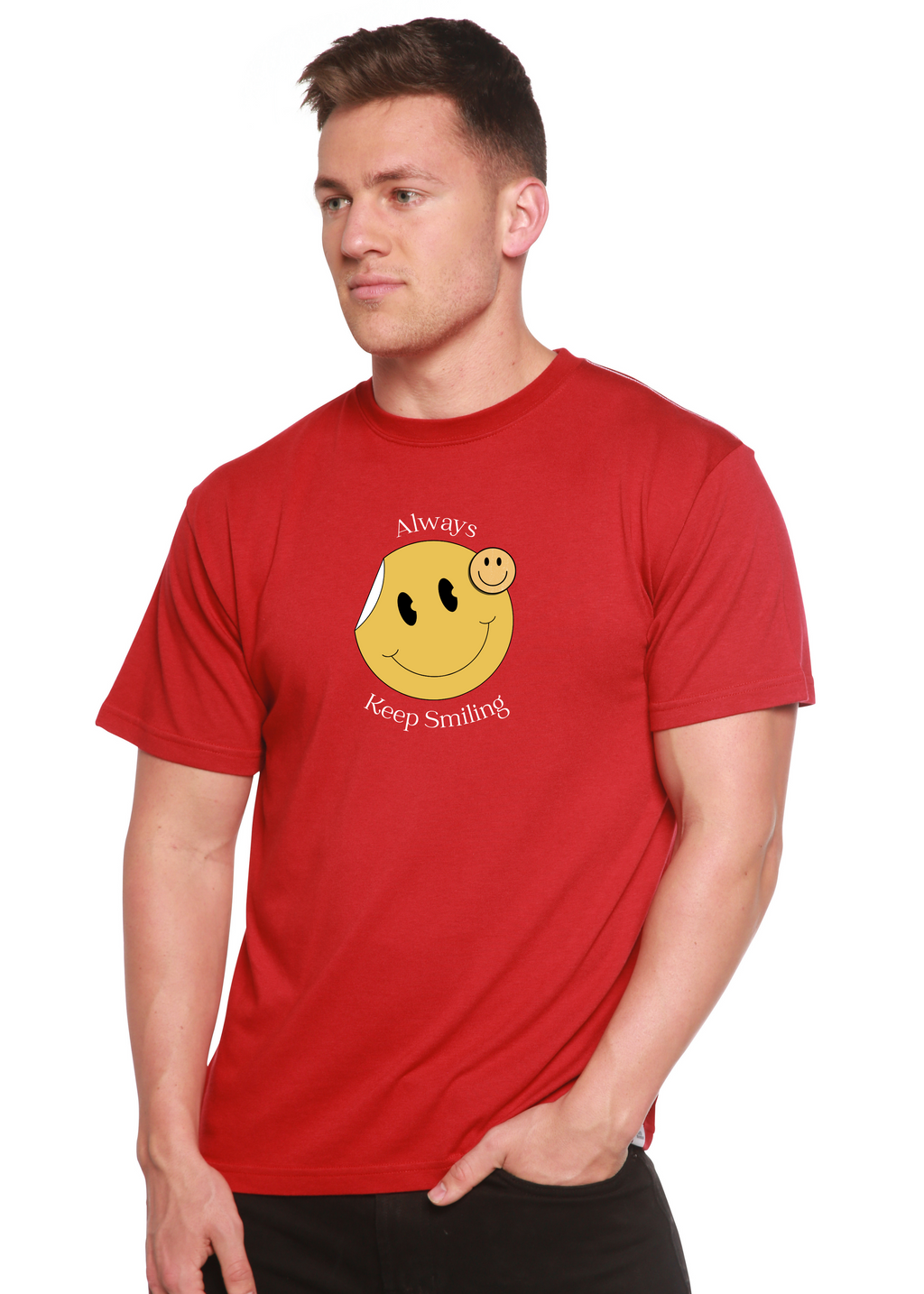 Camiseta gráfica de manga corta para hombre "Always Keep Smiling" de bambú viscosa/algodón orgánico