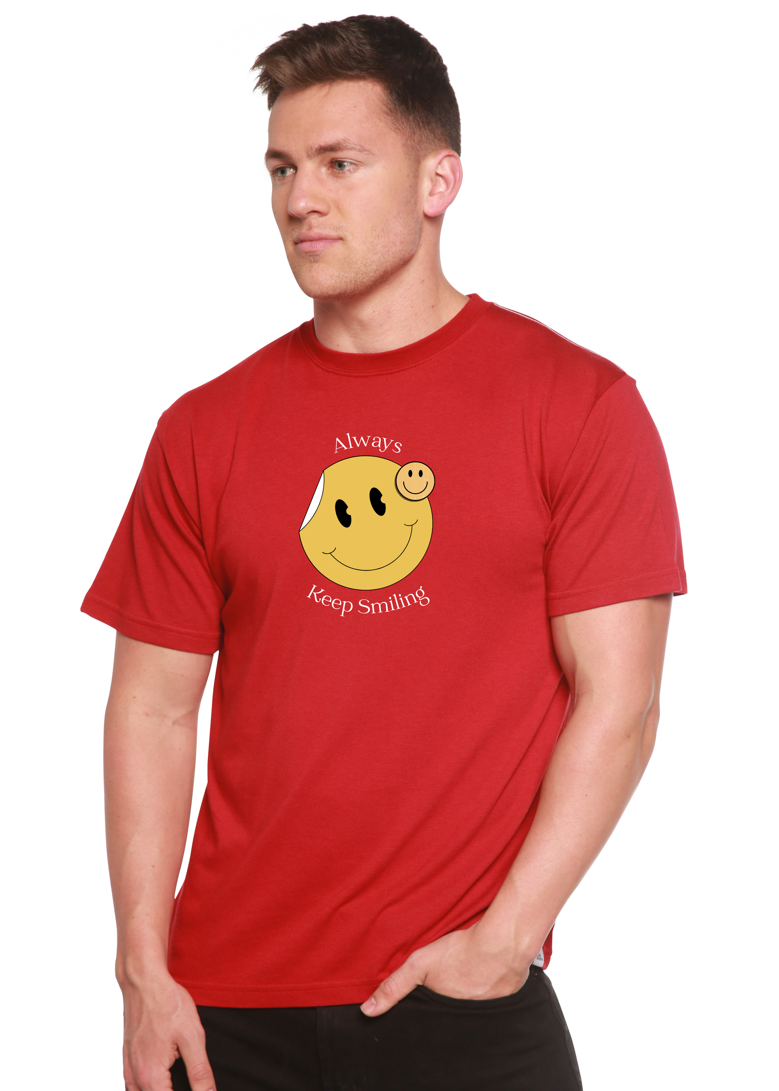 Camiseta gráfica de manga corta para hombre "Always Keep Smiling" de bambú viscosa/algodón orgánico