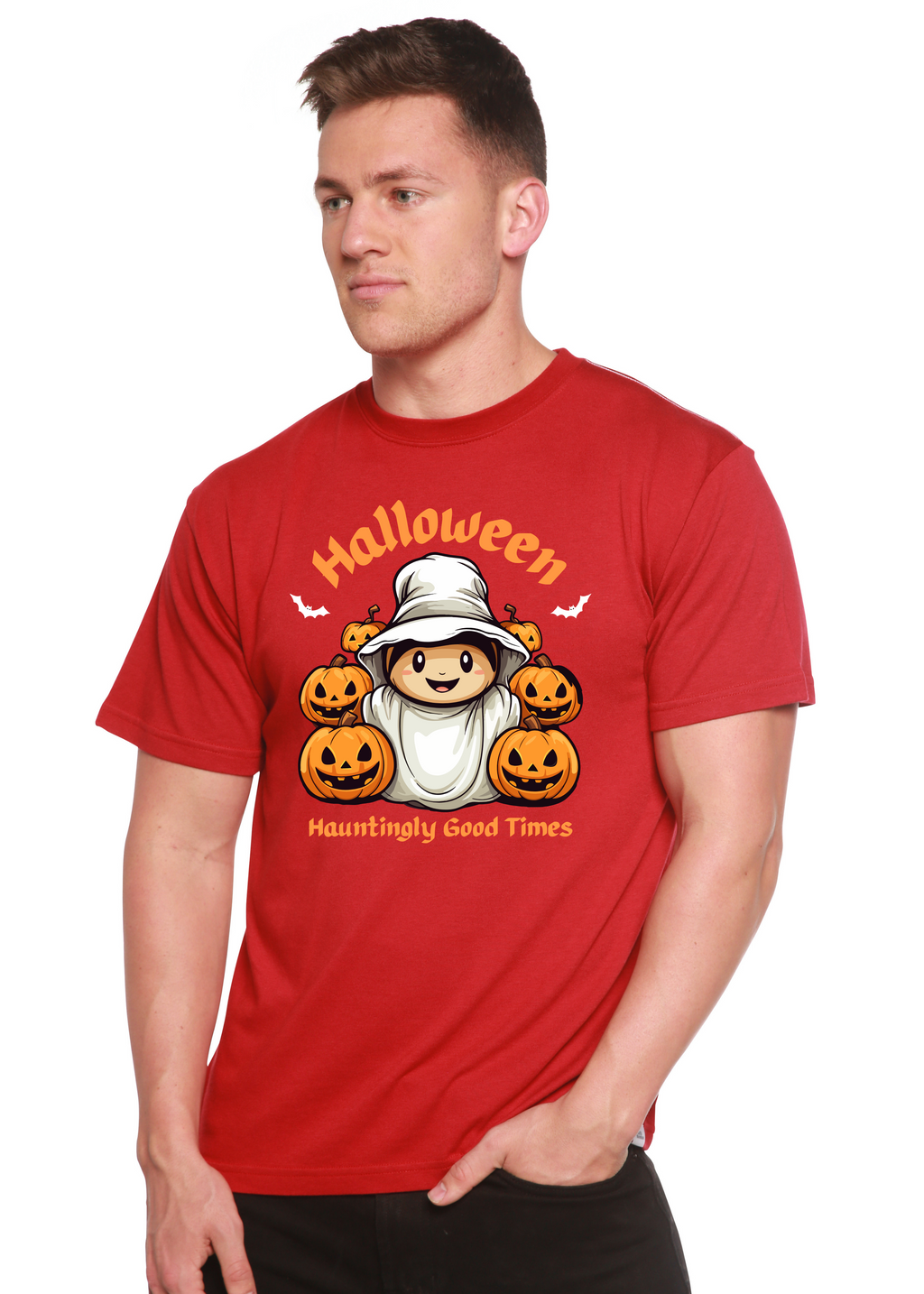 Camiseta gráfica de manga corta de bambú/algodón orgánico para hombre "Halloween Hauntingly Good Times Day"