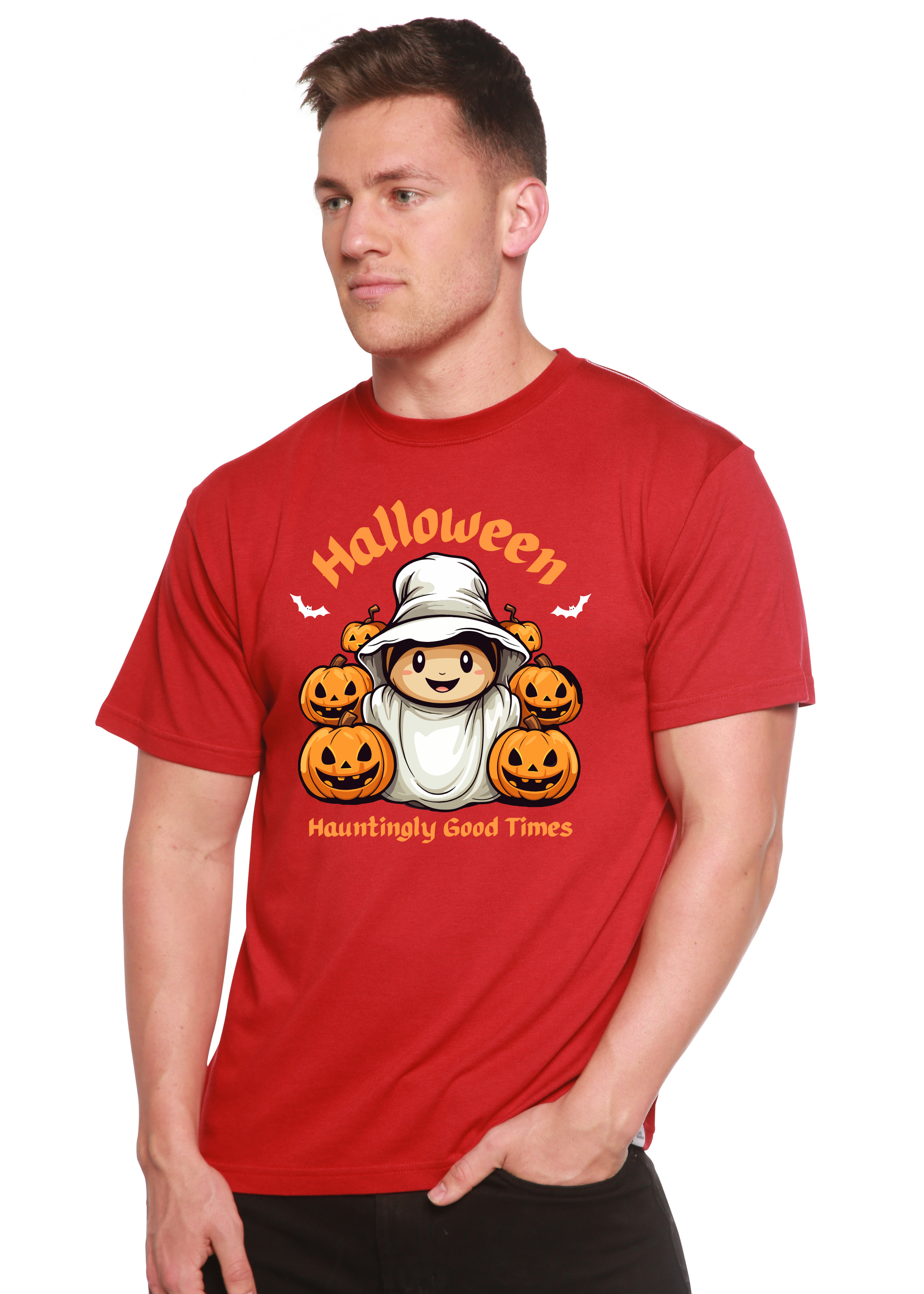 Camiseta gráfica de manga corta de bambú/algodón orgánico para hombre "Halloween Hauntingly Good Times Day"