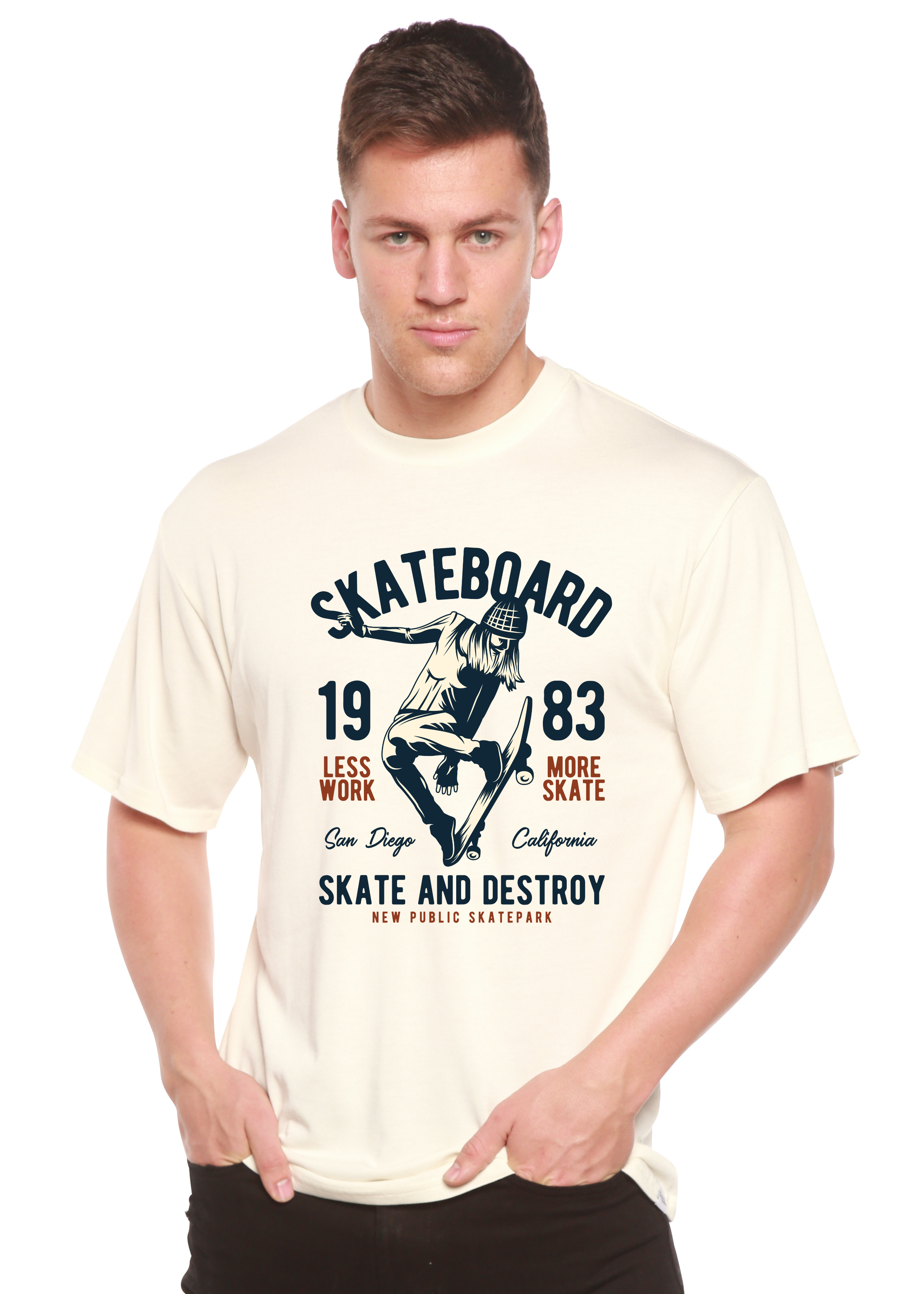 Camiseta gráfica de manga corta de viscosa de bambú/algodón orgánico "Skateboard 1983" para hombre