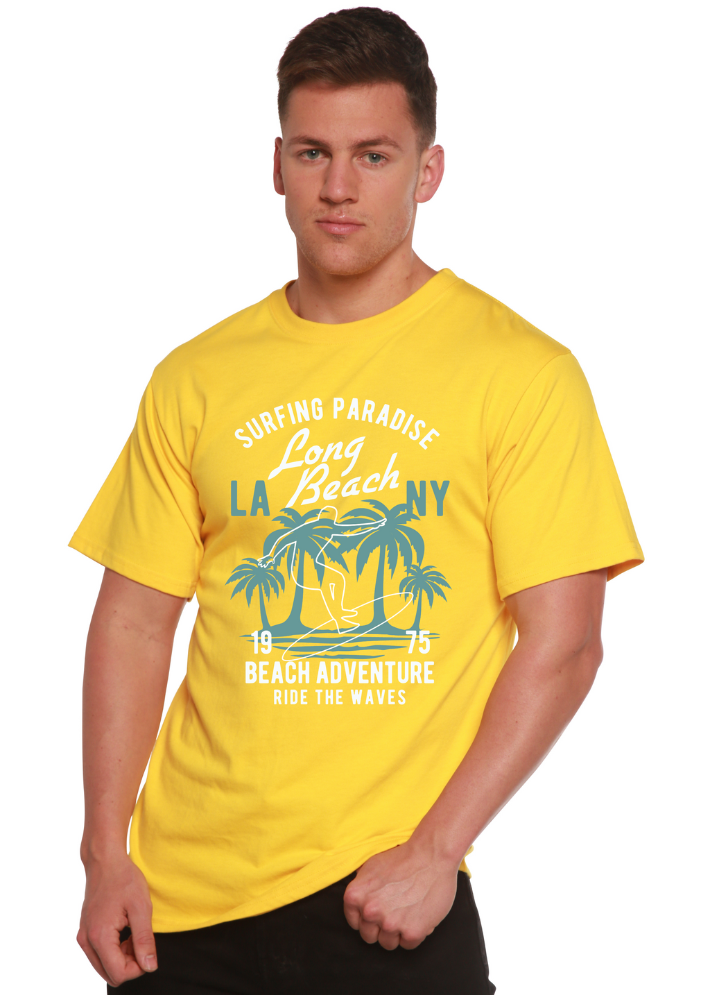 Camiseta gráfica de manga corta de viscosa de bambú/algodón orgánico "Aventura en la playa" para hombre