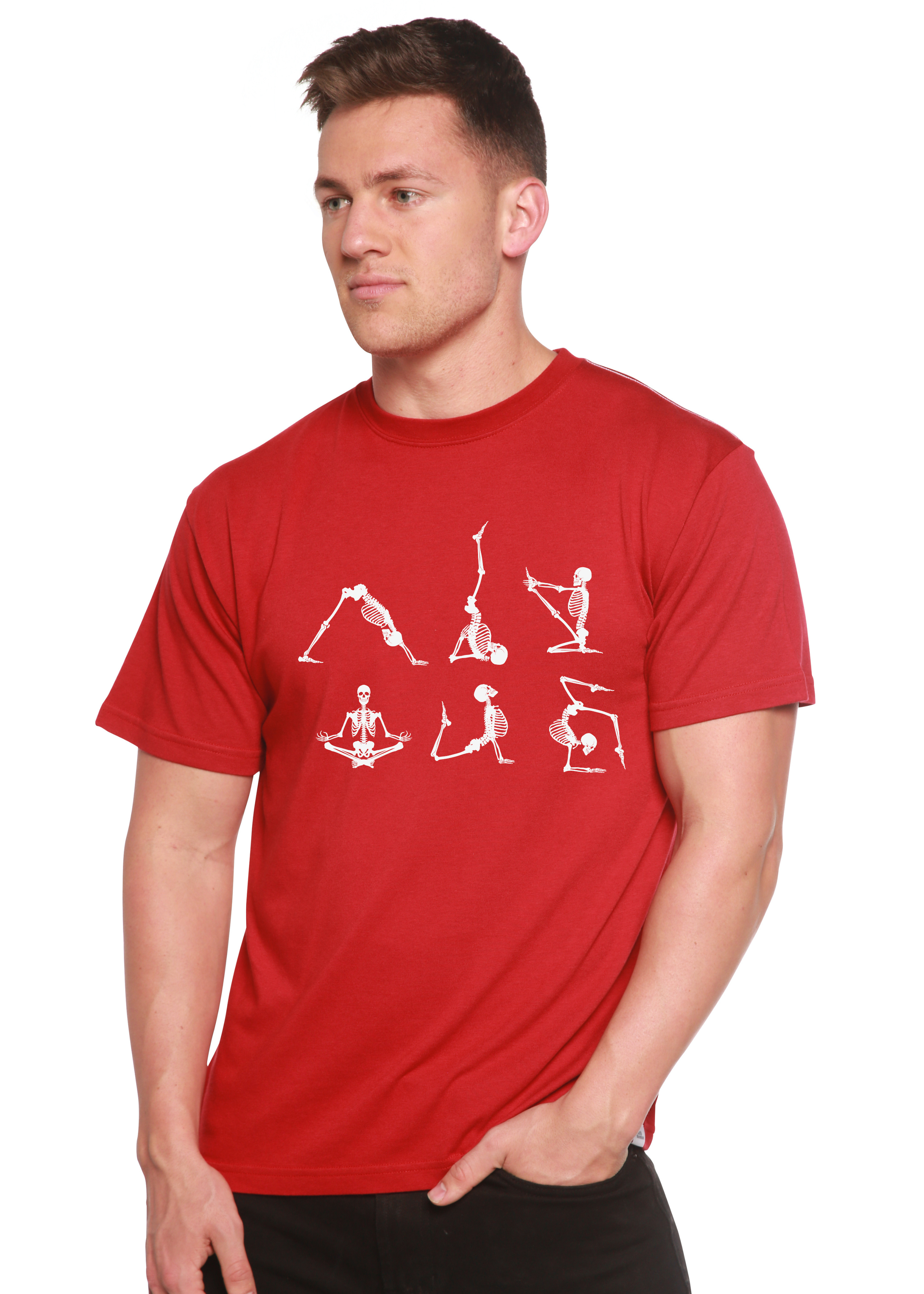 Camiseta gráfica de manga corta de bambú/algodón orgánico "Esqueleto de Halloween Namaste" para hombre