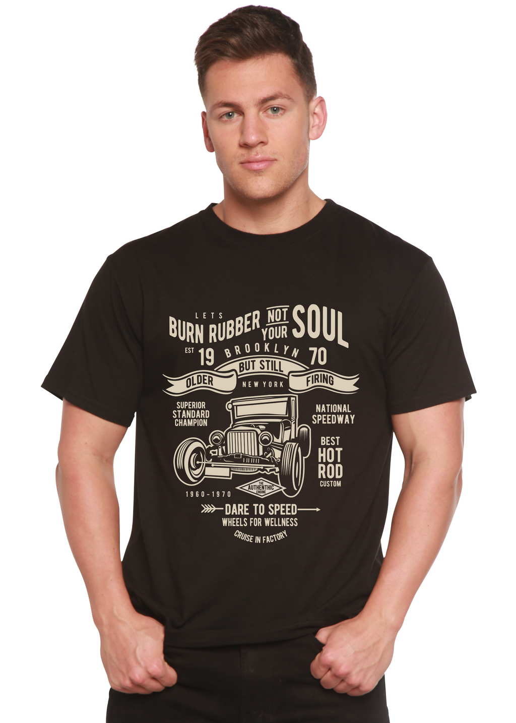 Camiseta gráfica de manga corta Burn Rubber de viscosa de bambú y algodón orgánico para hombre