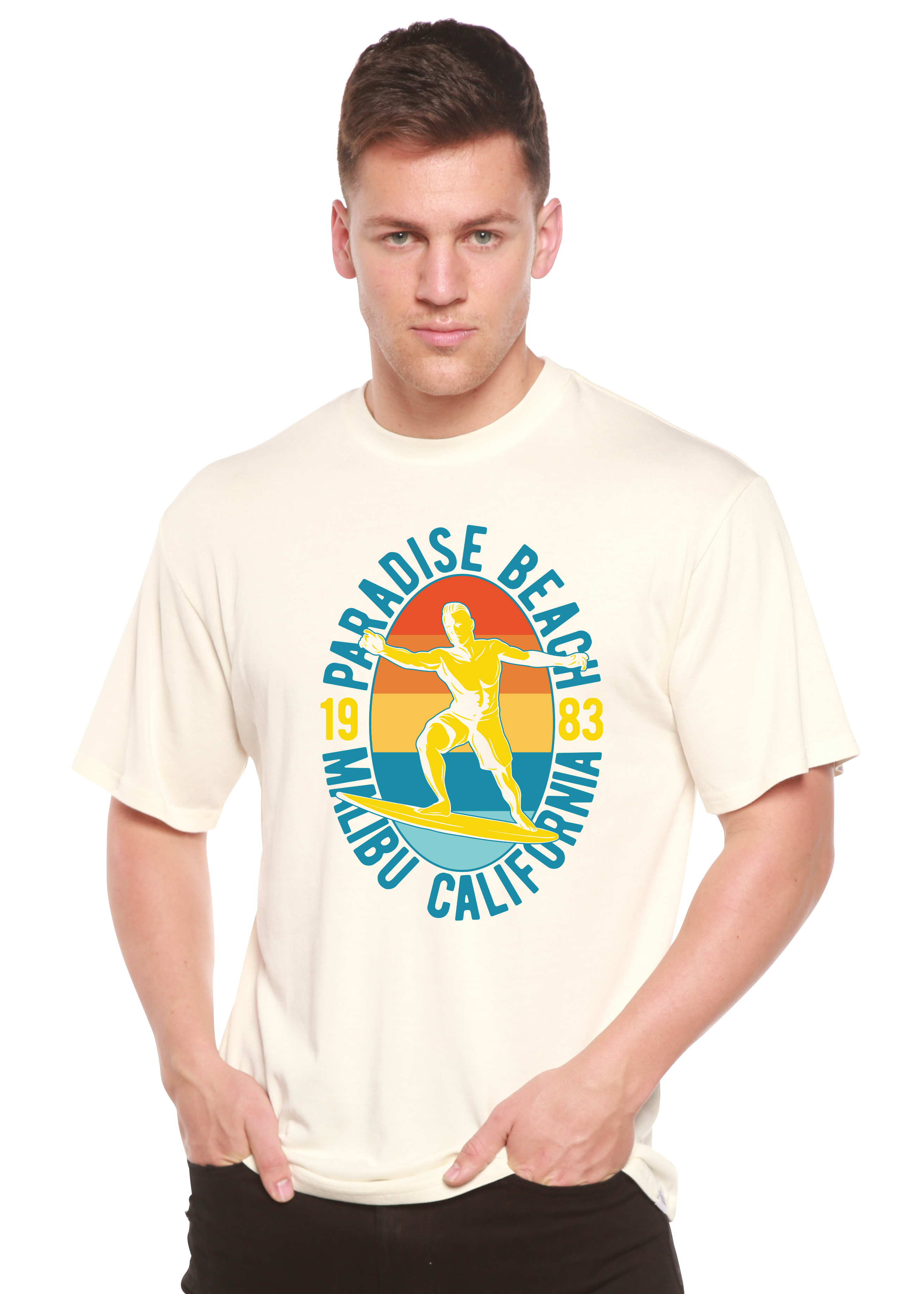 Camiseta gráfica de manga corta de bambú/algodón orgánico Paradise Beach 1983 para hombre
