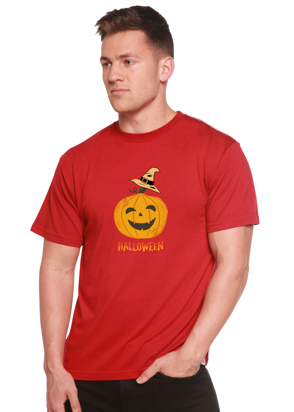 Camiseta gráfica de manga corta de viscosa de bambú/algodón orgánico unisex con calabaza de Halloween