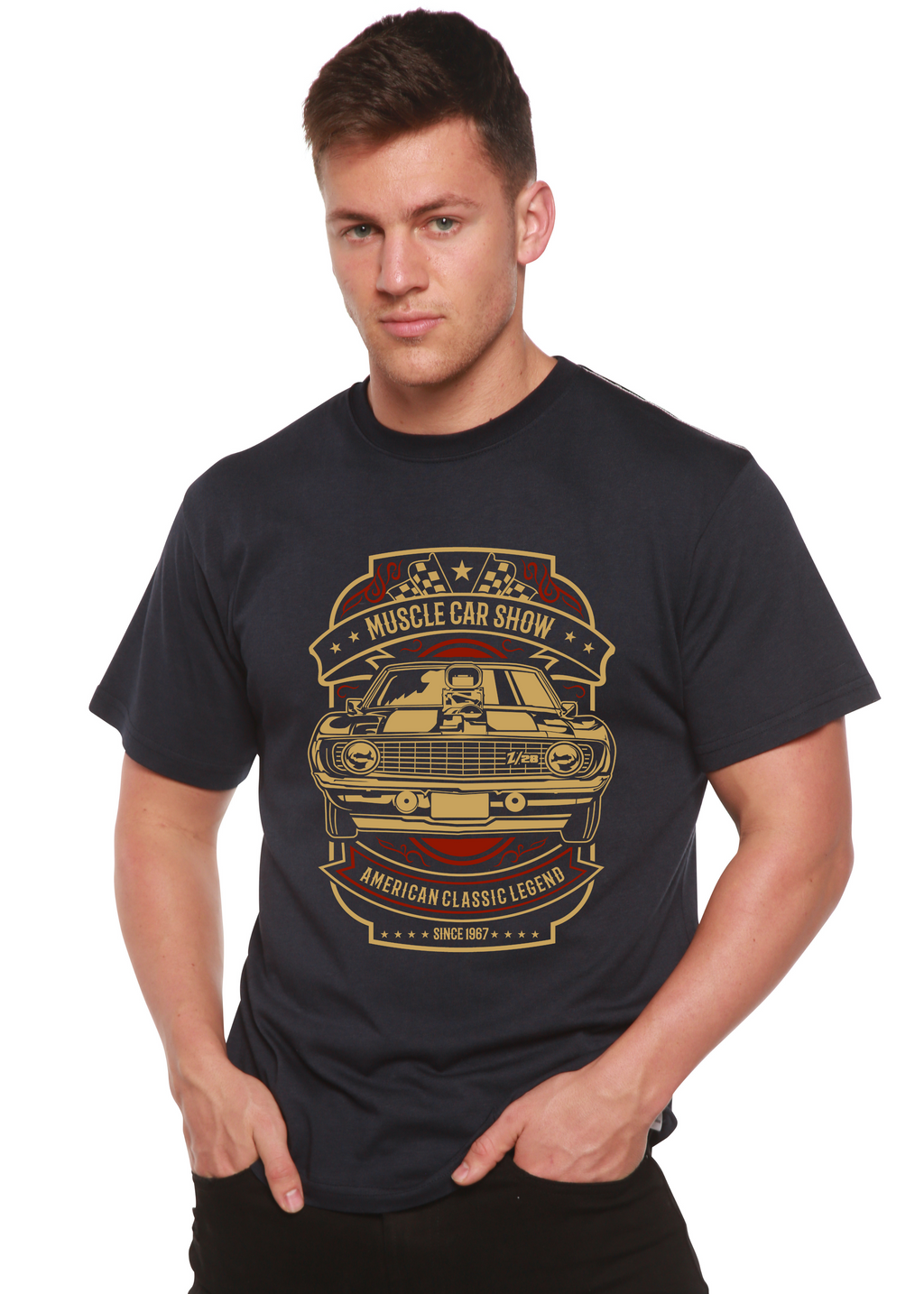 Camiseta gráfica de manga corta de bambú/algodón orgánico de viscosa de bambú Spun Bamboo® para hombre - Exposición de autos potentes