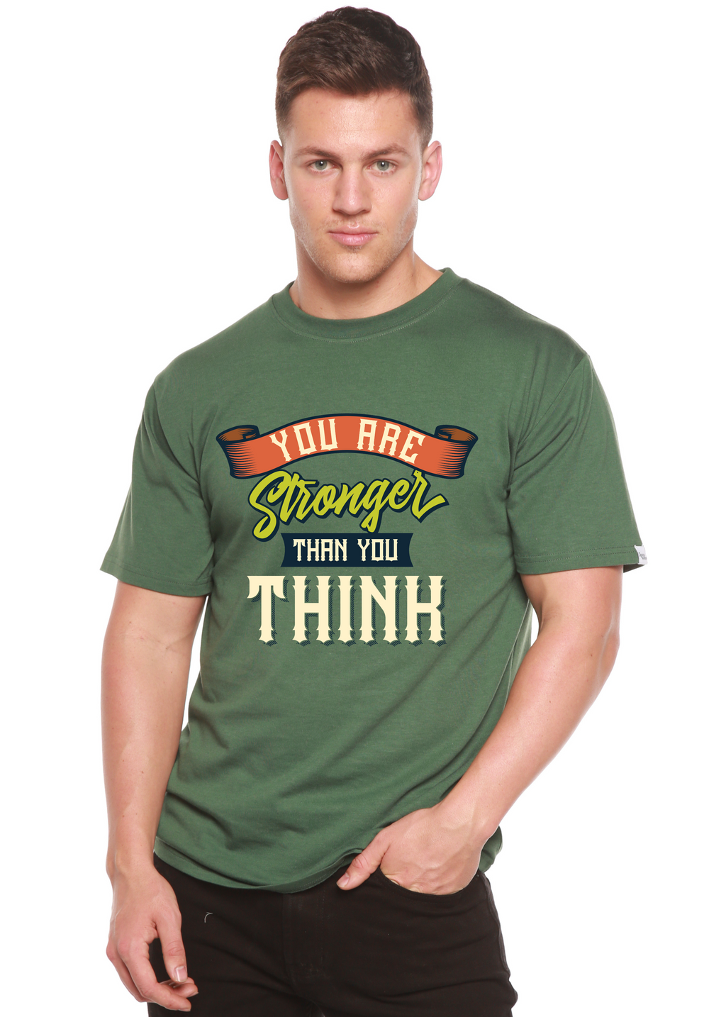 Camiseta gráfica de manga corta para hombre "Eres más fuerte de lo que piensas" de viscosa de bambú/algodón orgánico
