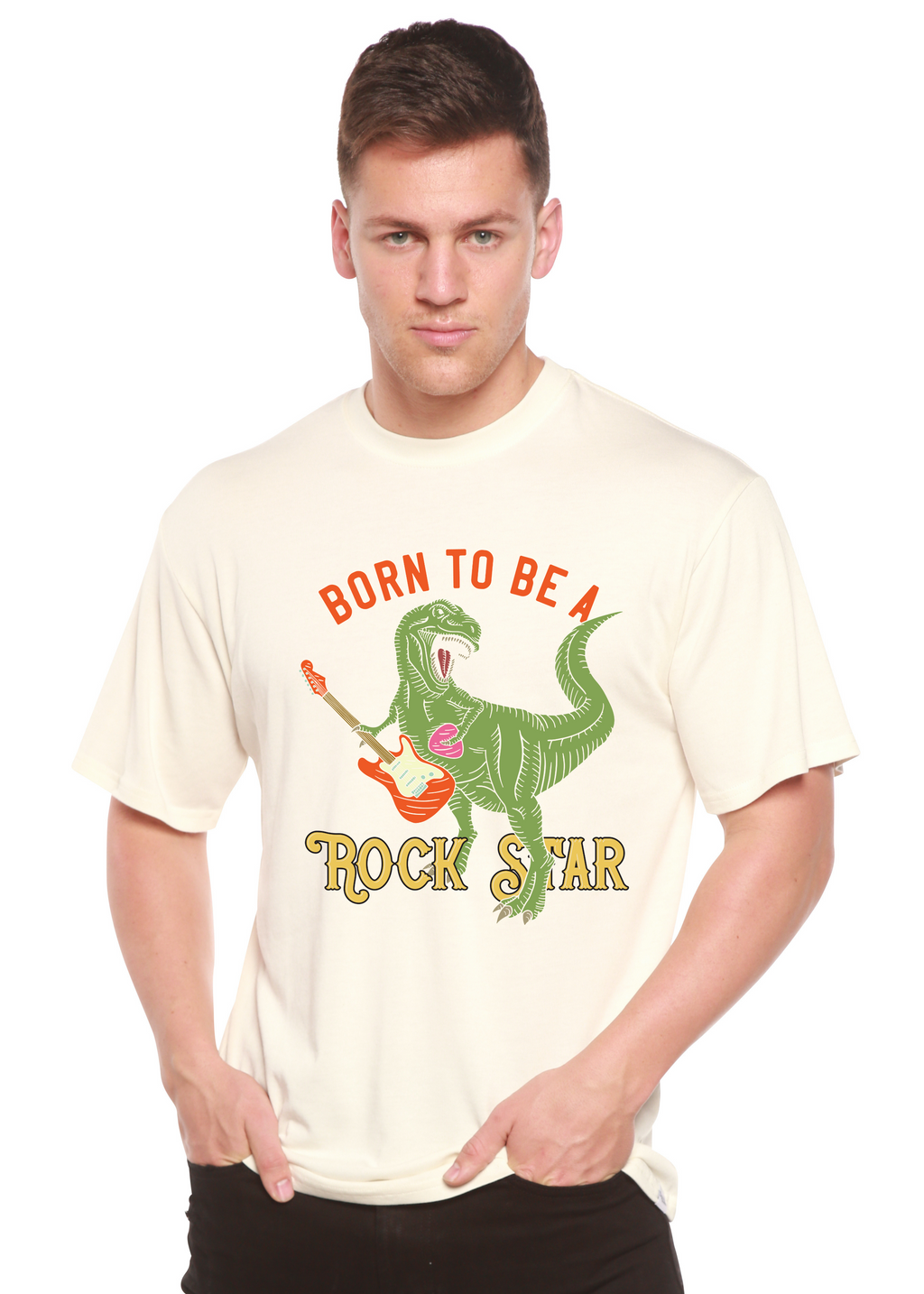 Camiseta gráfica de manga corta de bambú viscosa/algodón orgánico para hombre "Born To Be A Rock Star"