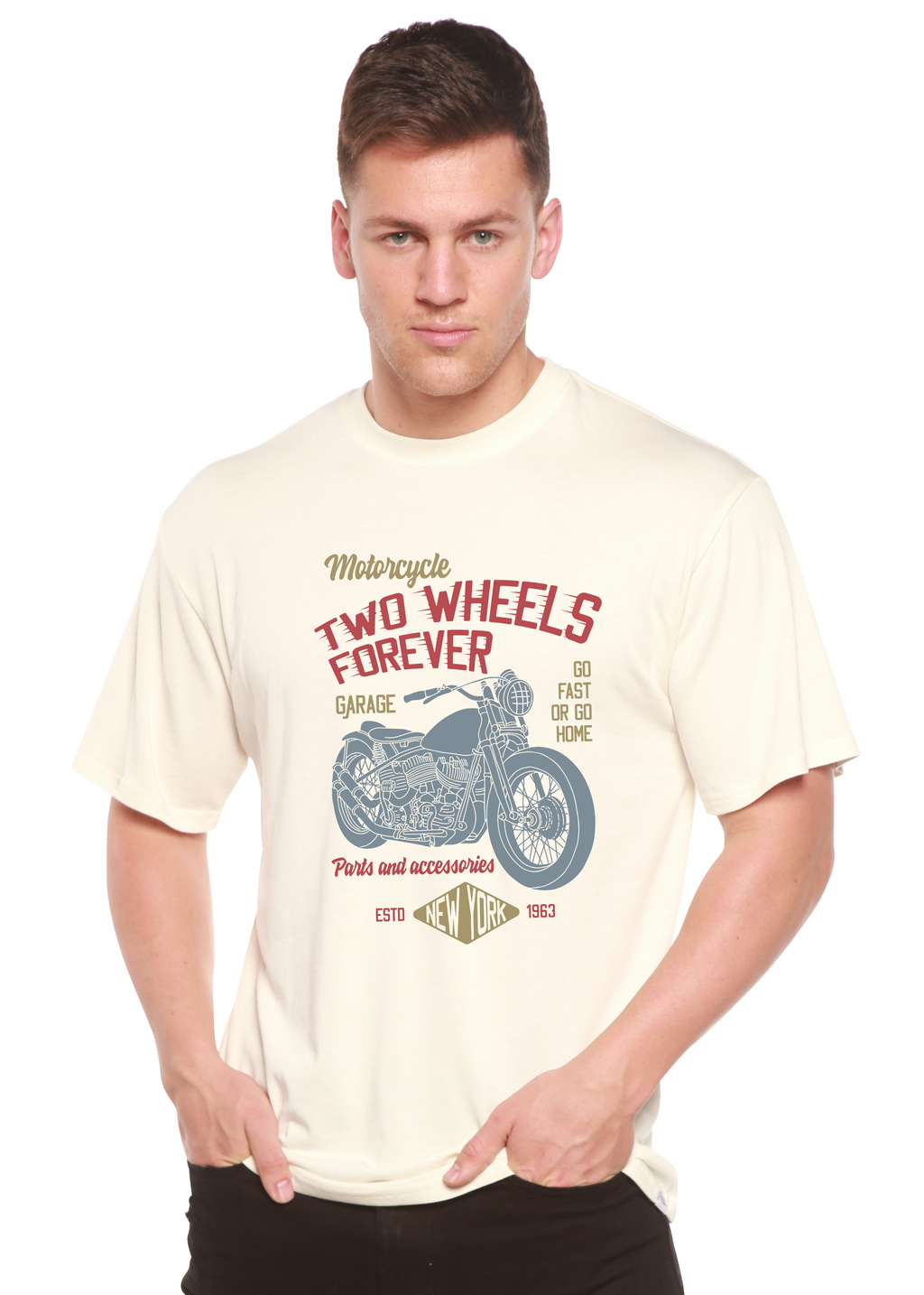 Camiseta gráfica de manga corta de viscosa de bambú/algodón orgánico "Two Wheels Forever" para hombre