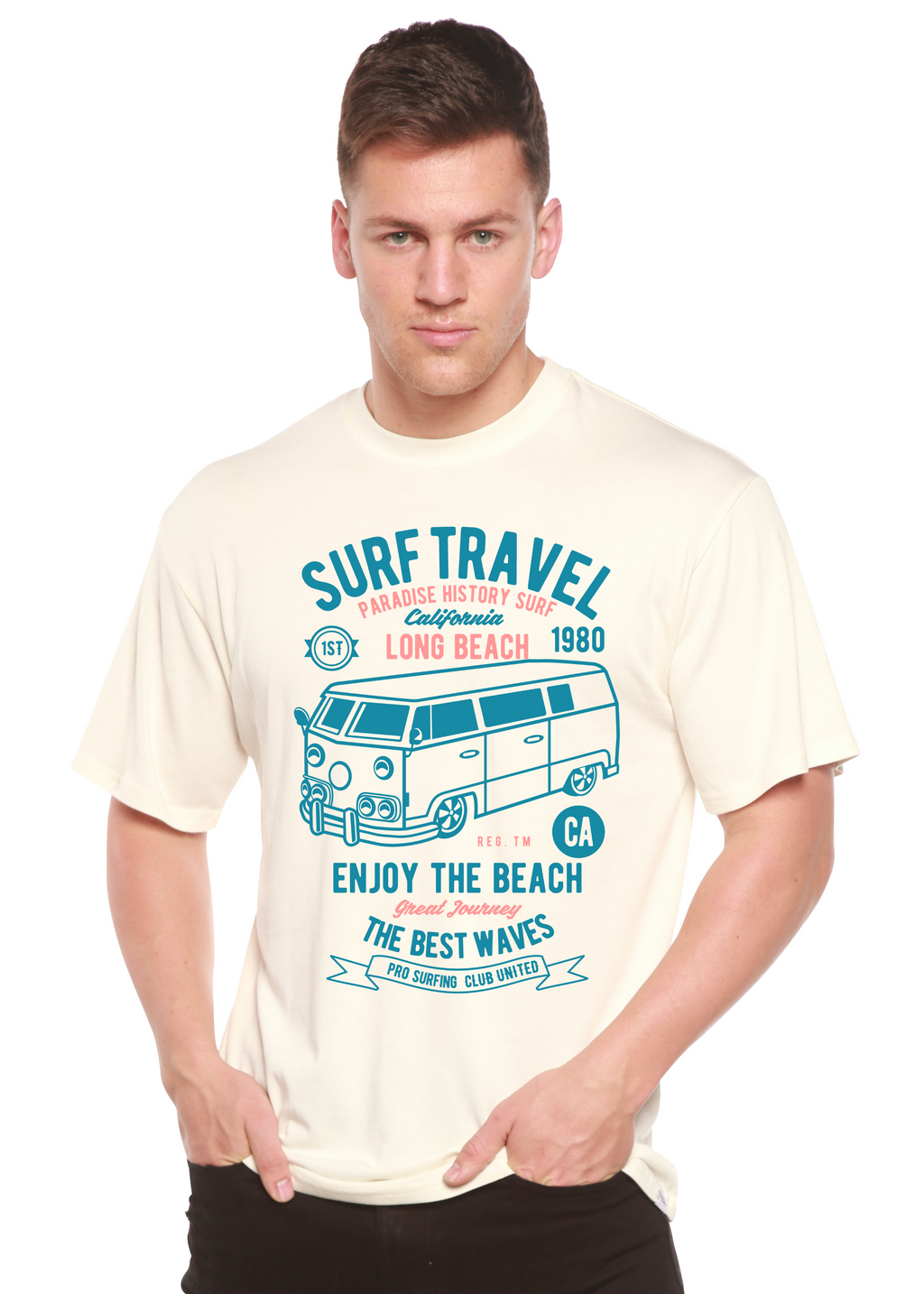 Camiseta gráfica de manga corta de bambú/algodón orgánico Surf Travel Spun Bamboo® para hombre