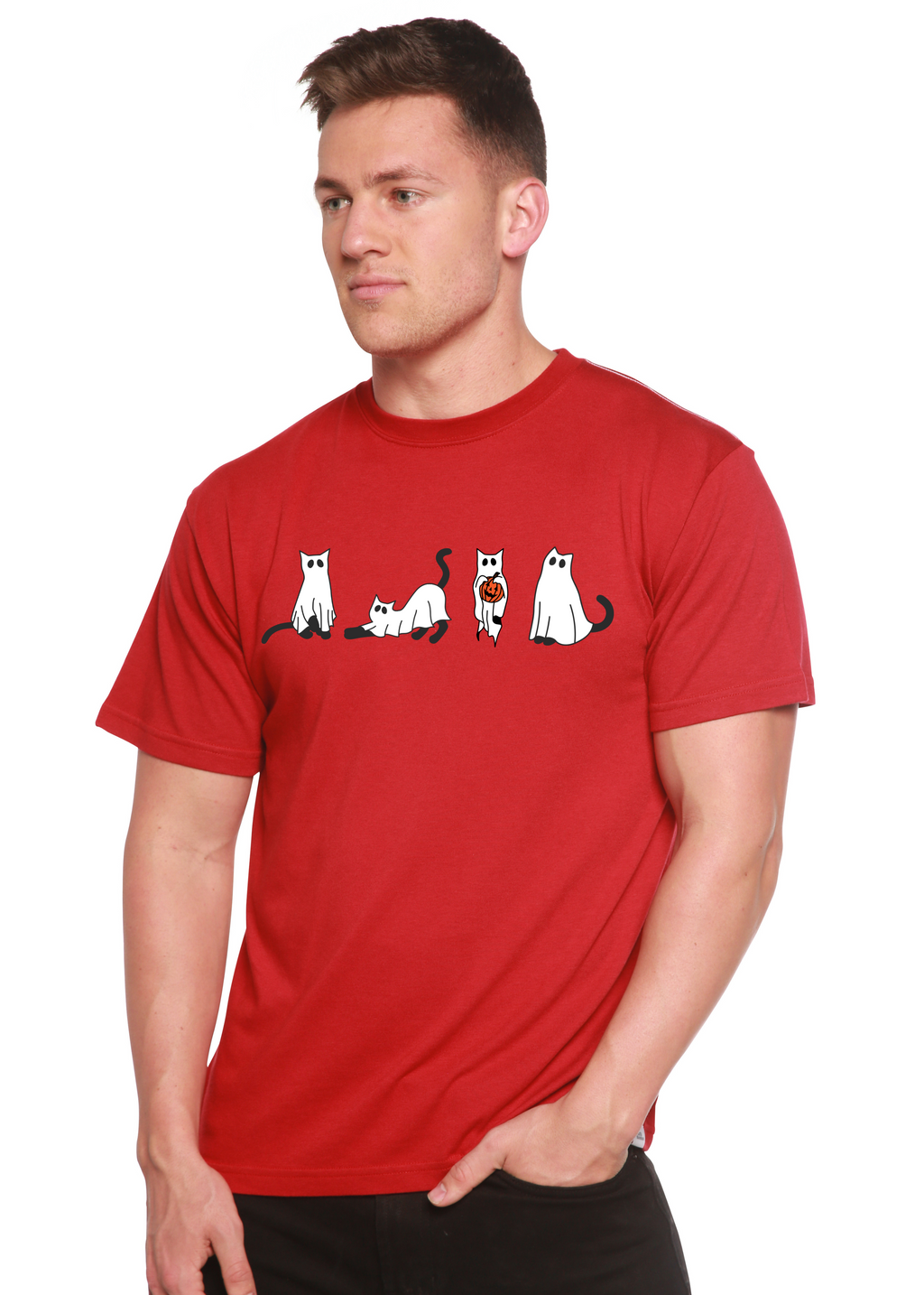 Camiseta gráfica de manga corta de viscosa de bambú/algodón orgánico para hombre con gatos de Halloween