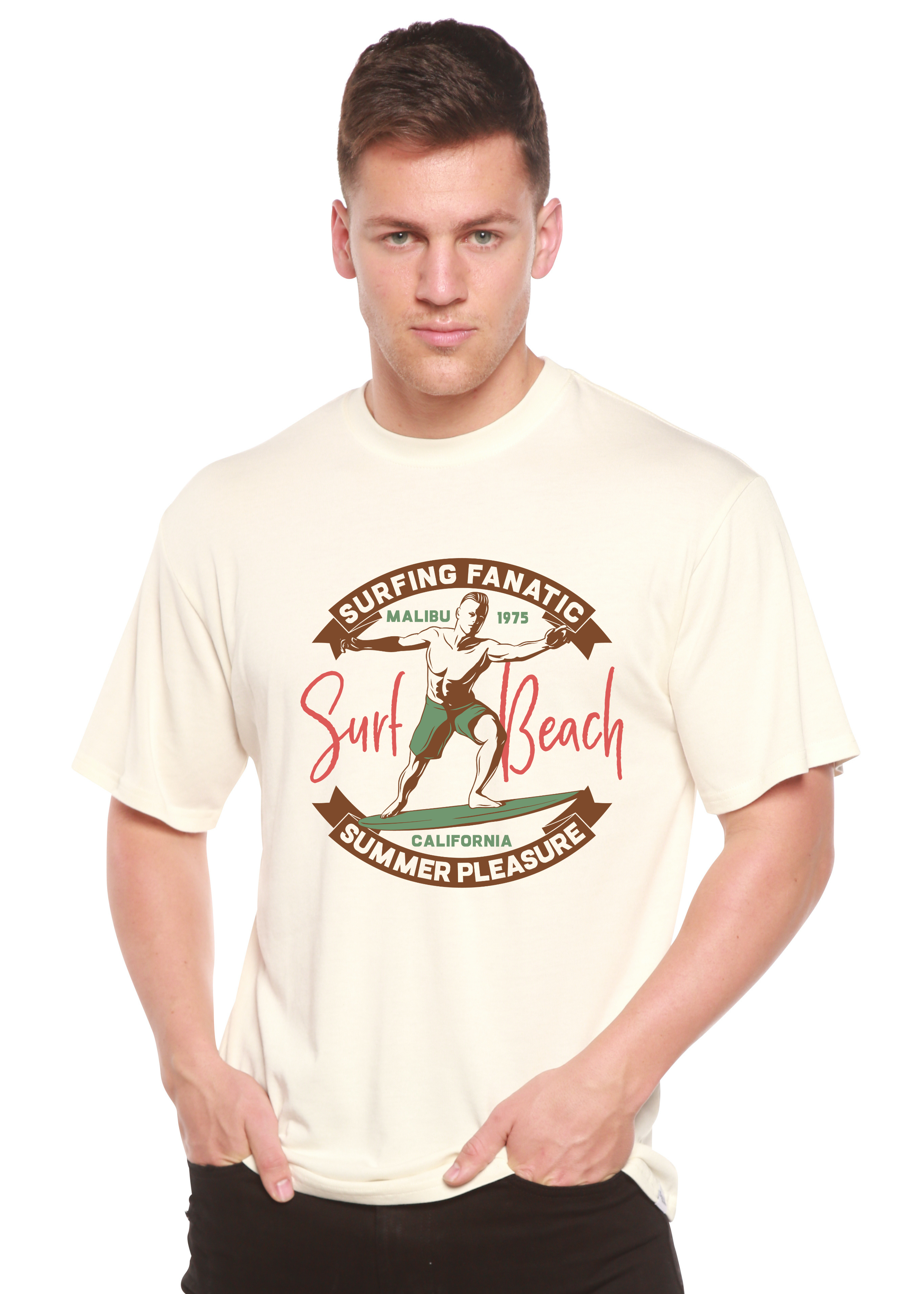 Camiseta gráfica de manga corta para hombre de Surf Beach de viscosa de bambú/algodón orgánico