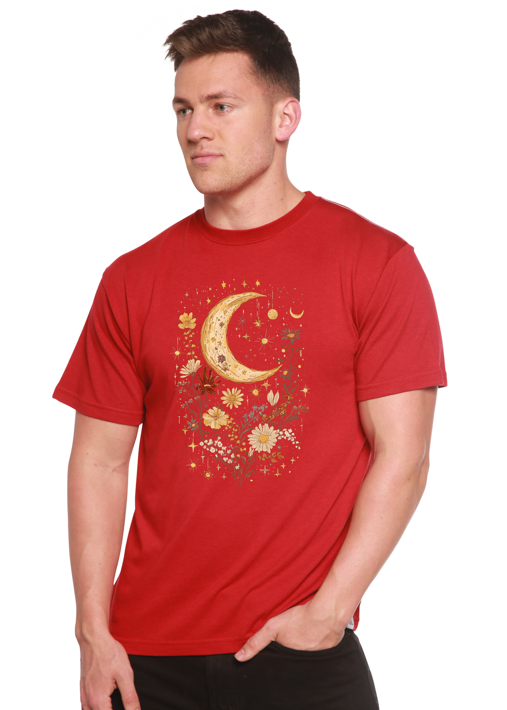 Camiseta gráfica unisex vintage de bambú/algodón con flores bohemias de luna celestial