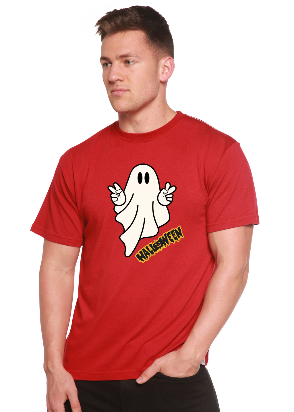 Camiseta gráfica de manga corta unisex Halloween Ghost de viscosa de bambú/algodón orgánico