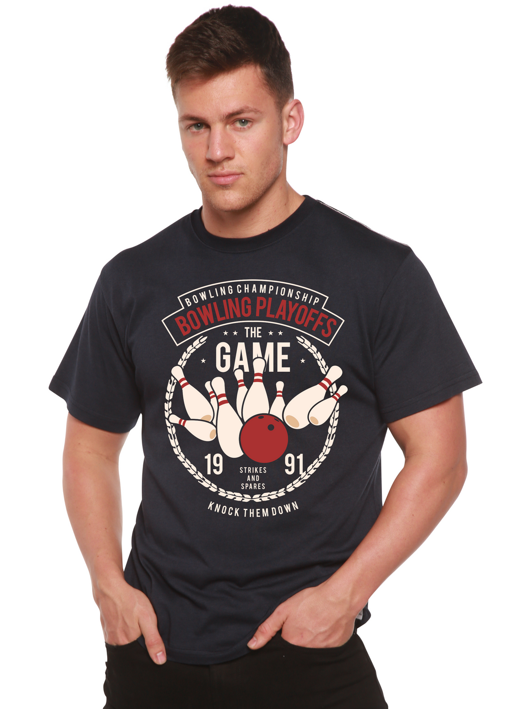 Camiseta gráfica de manga corta de bambú/algodón orgánico para hombre "Playoffs de bolos"