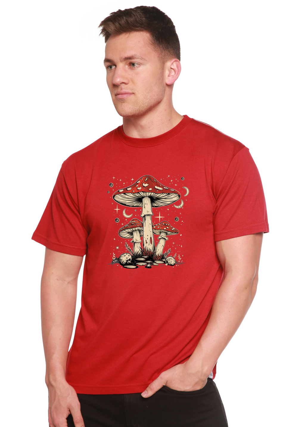 Camiseta gráfica unisex de bambú/algodón "Boho Retro Hippie Mushrooms Natural"