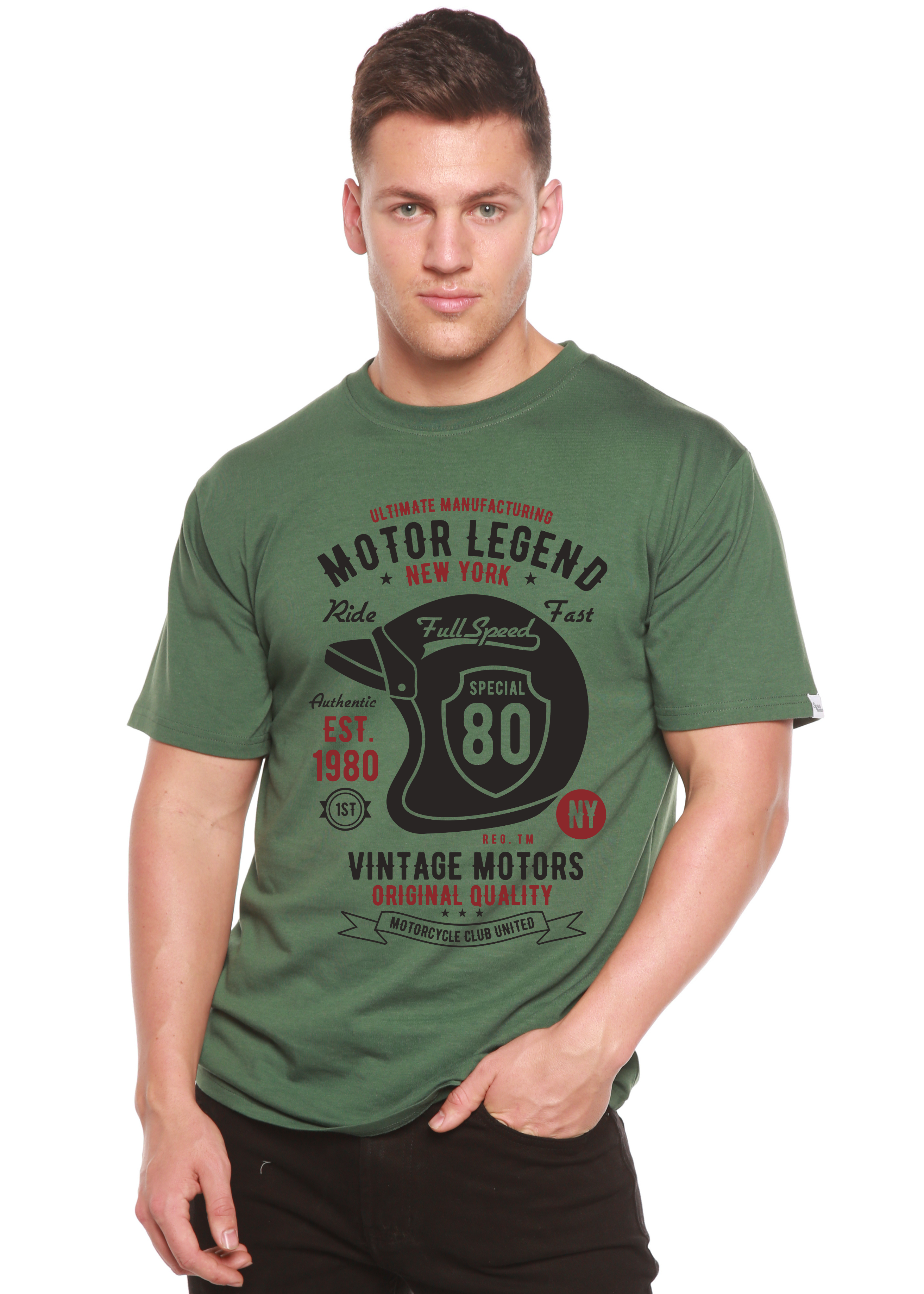 Camiseta de manga corta con gráfico de viscosa de bambú/algodón orgánico Motor Legend Helmet para hombre