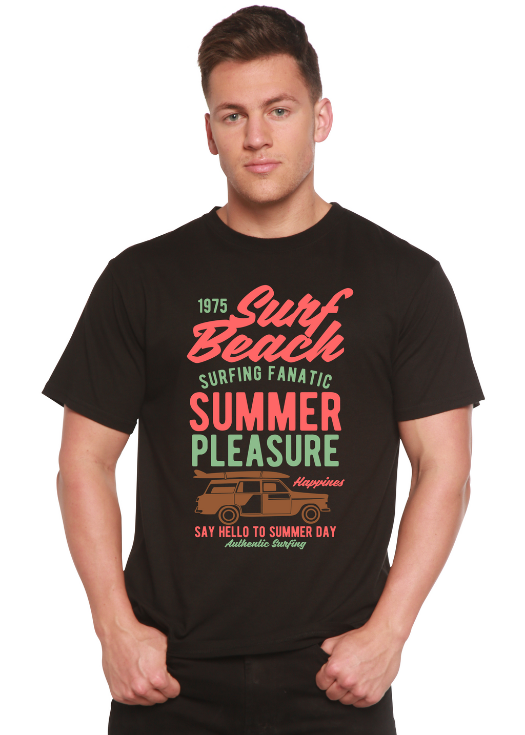 Camiseta gráfica de manga corta de viscosa de bambú y algodón orgánico Spun Bamboo® Surf Beach para hombre