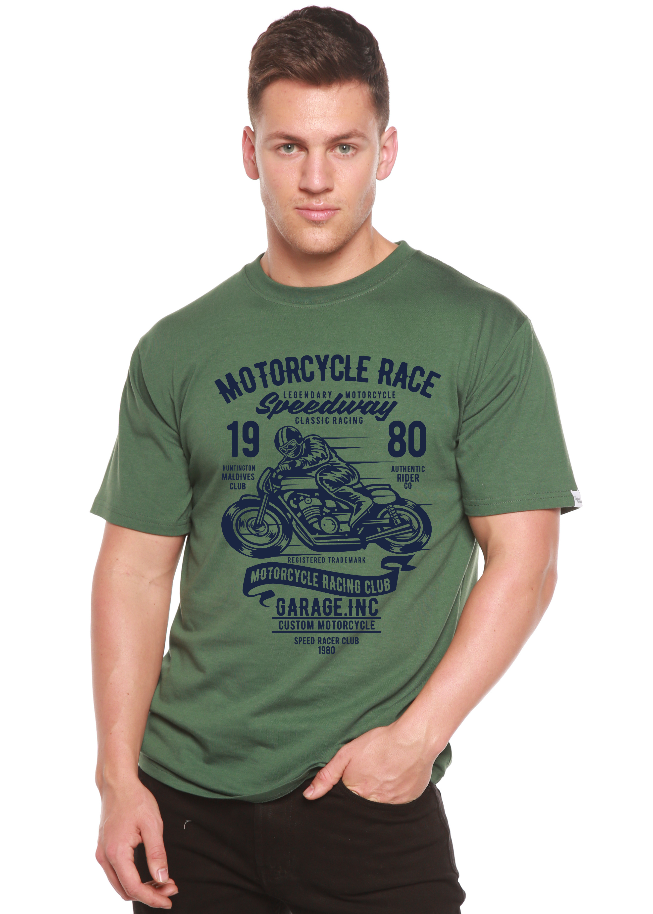 Camiseta gráfica de manga corta de viscosa de bambú y algodón orgánico para hombre con diseño de motos de carrera