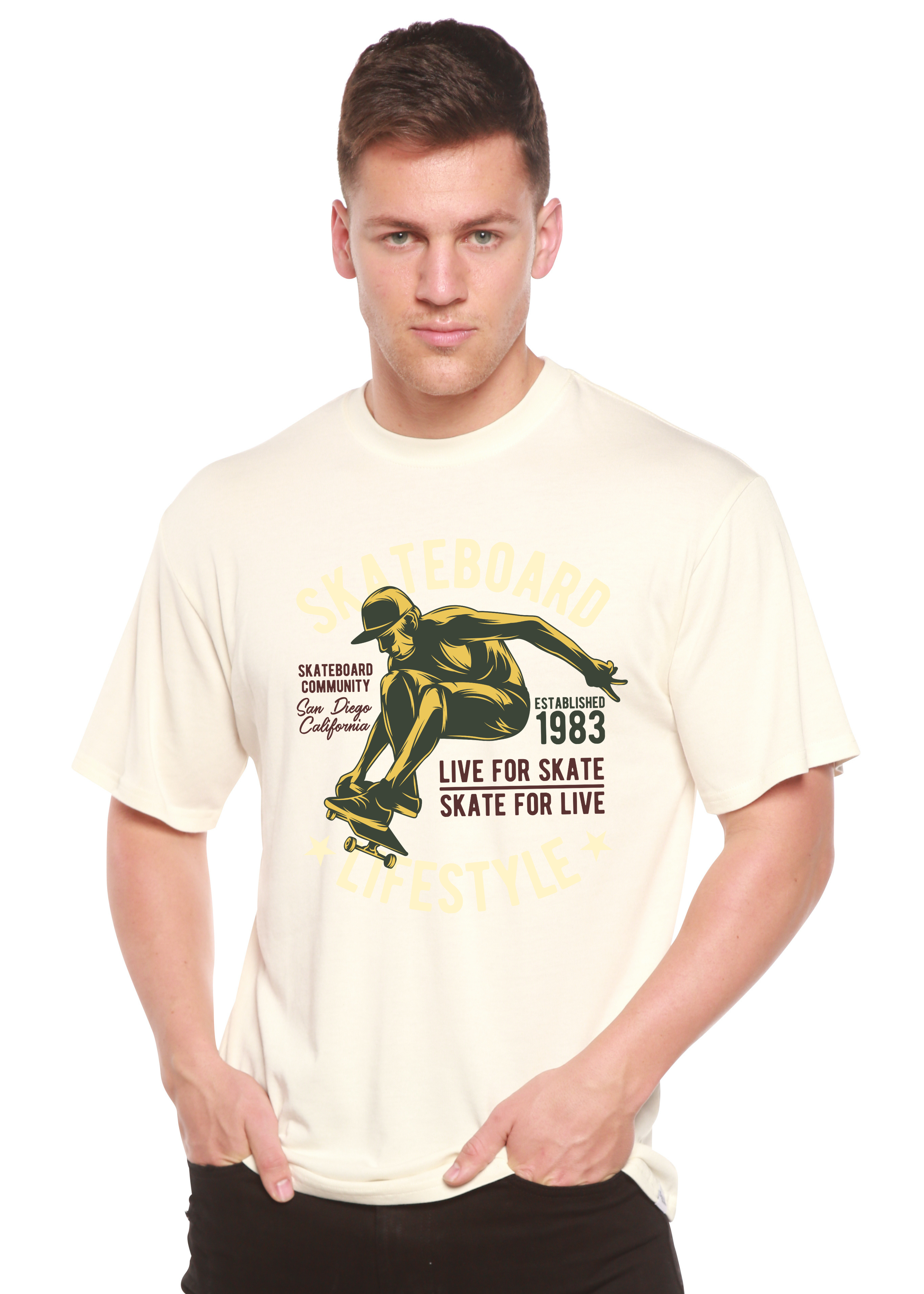 Camiseta gráfica de manga corta de viscosa de bambú/algodón orgánico para hombre "Estilo Skater"