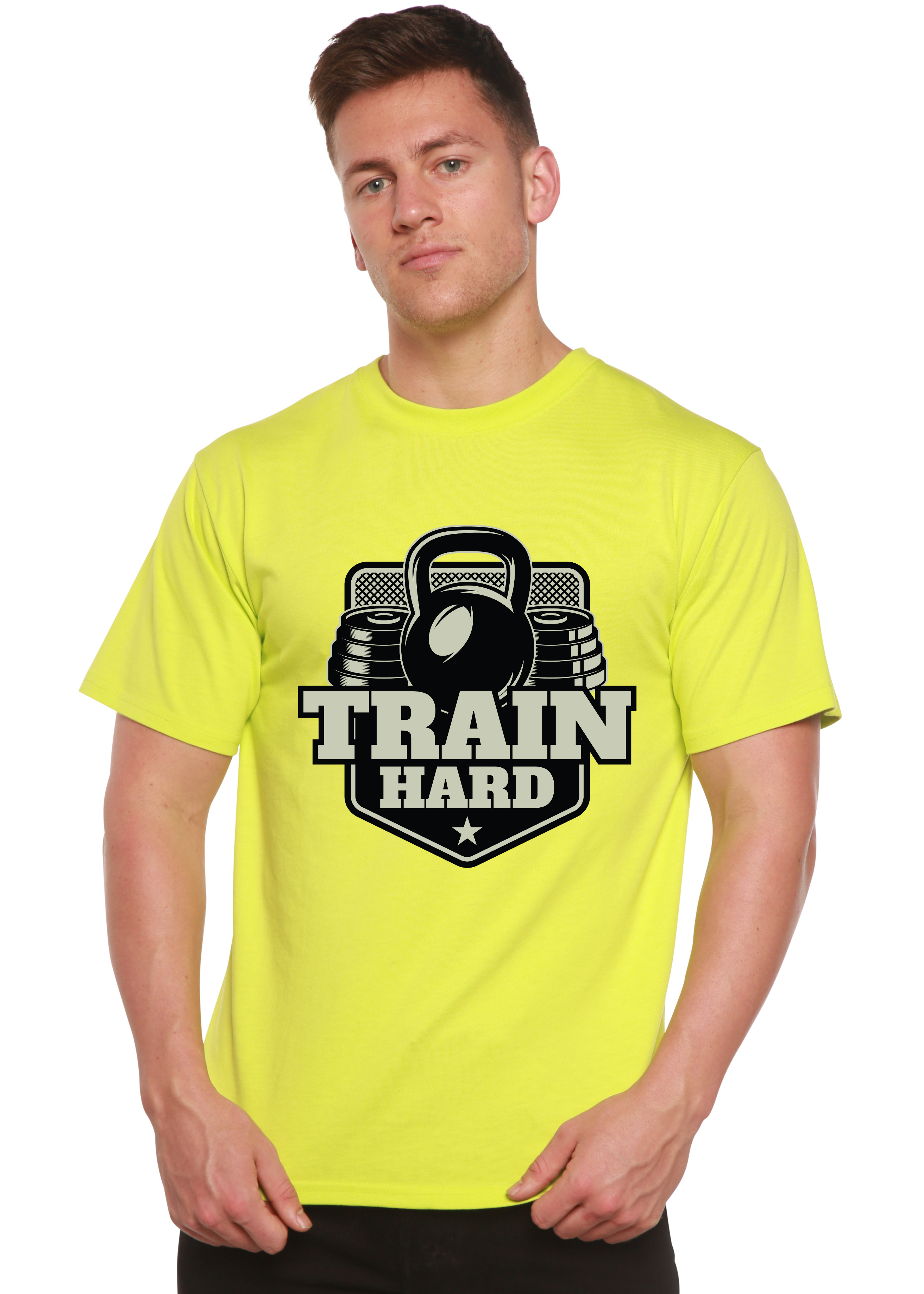 Camiseta gráfica de manga corta de bambú-viscosa/algodón orgánico para hombre "Entrena duro"