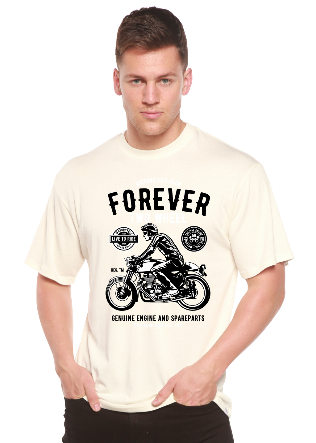Camiseta gráfica de manga corta de viscosa de bambú/algodón orgánico Forever Two Wheel para hombre