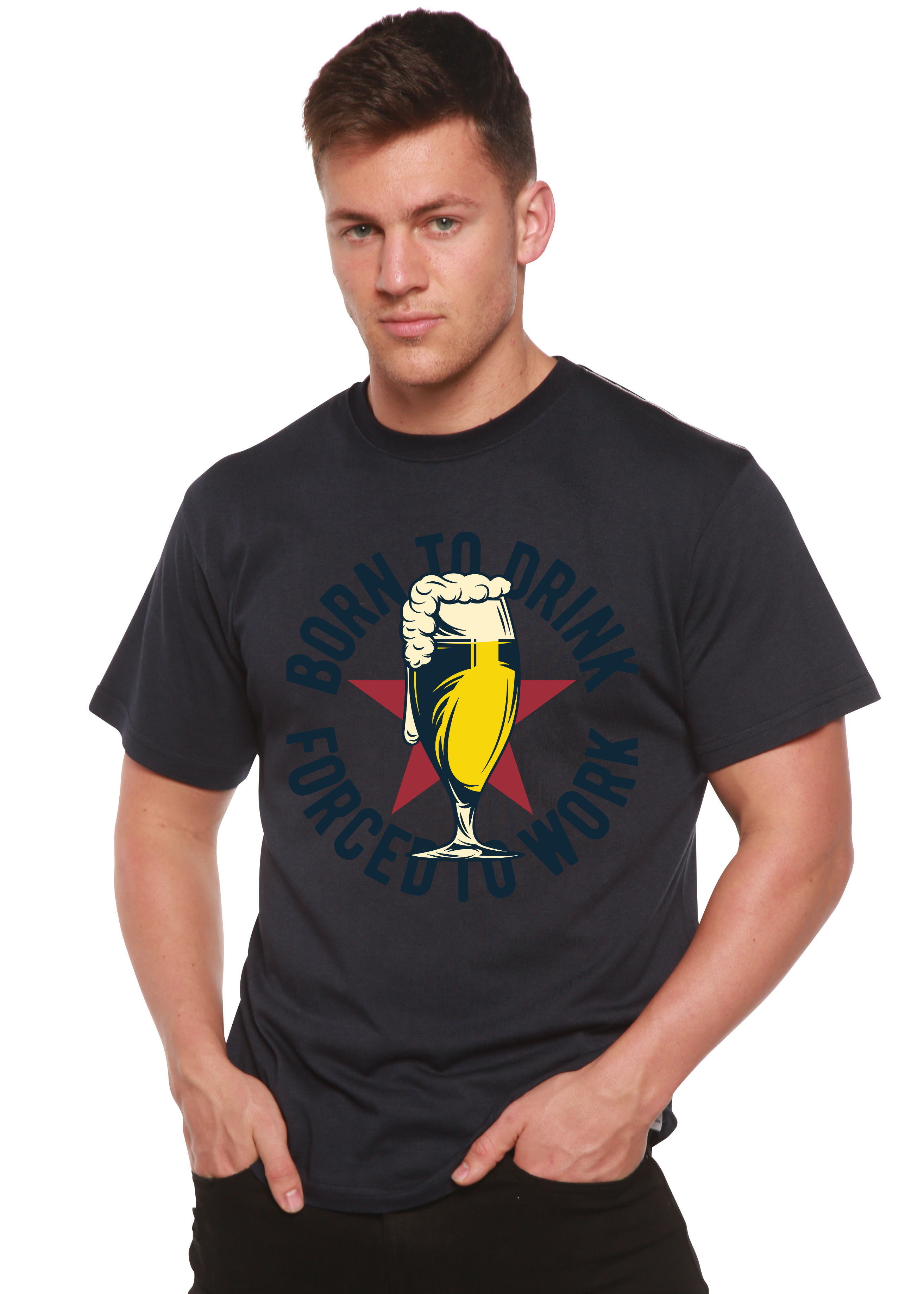 Camiseta gráfica de manga corta de viscosa de bambú/algodón orgánico "Born to Drink" para hombre
