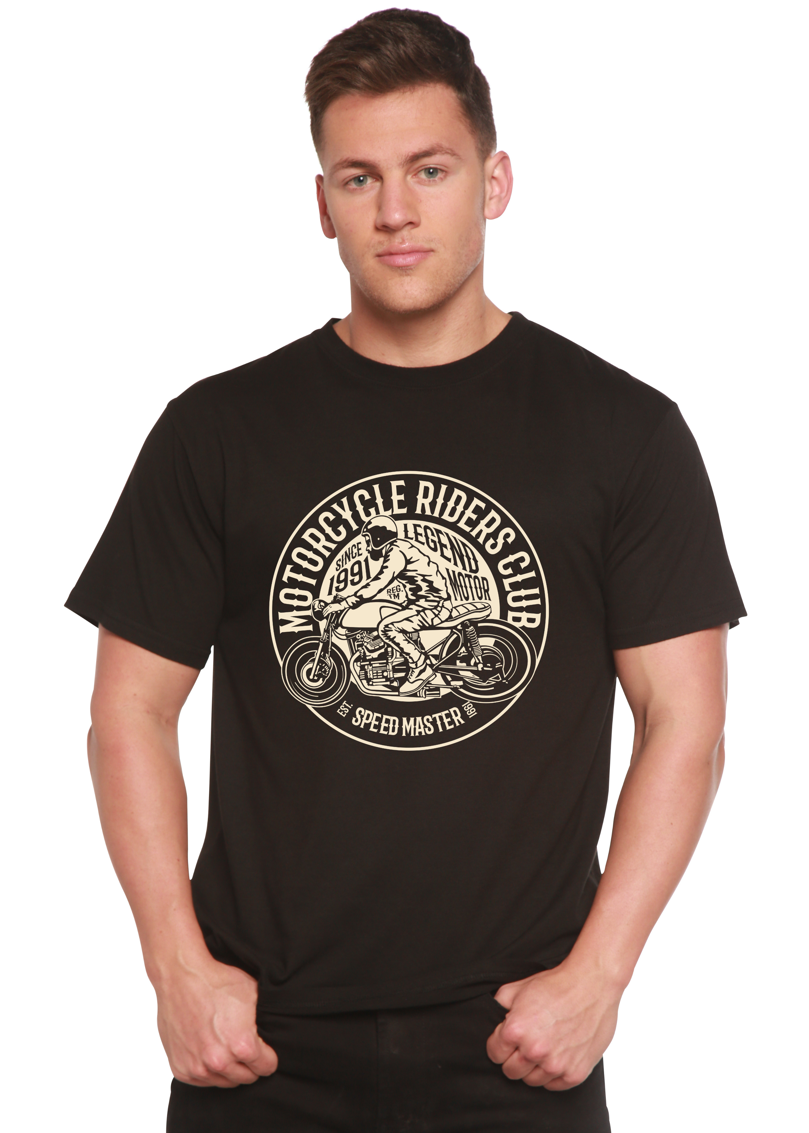 Camiseta de manga corta con gráfico de bambú viscosa/algodón orgánico para hombre del club de motociclistas
