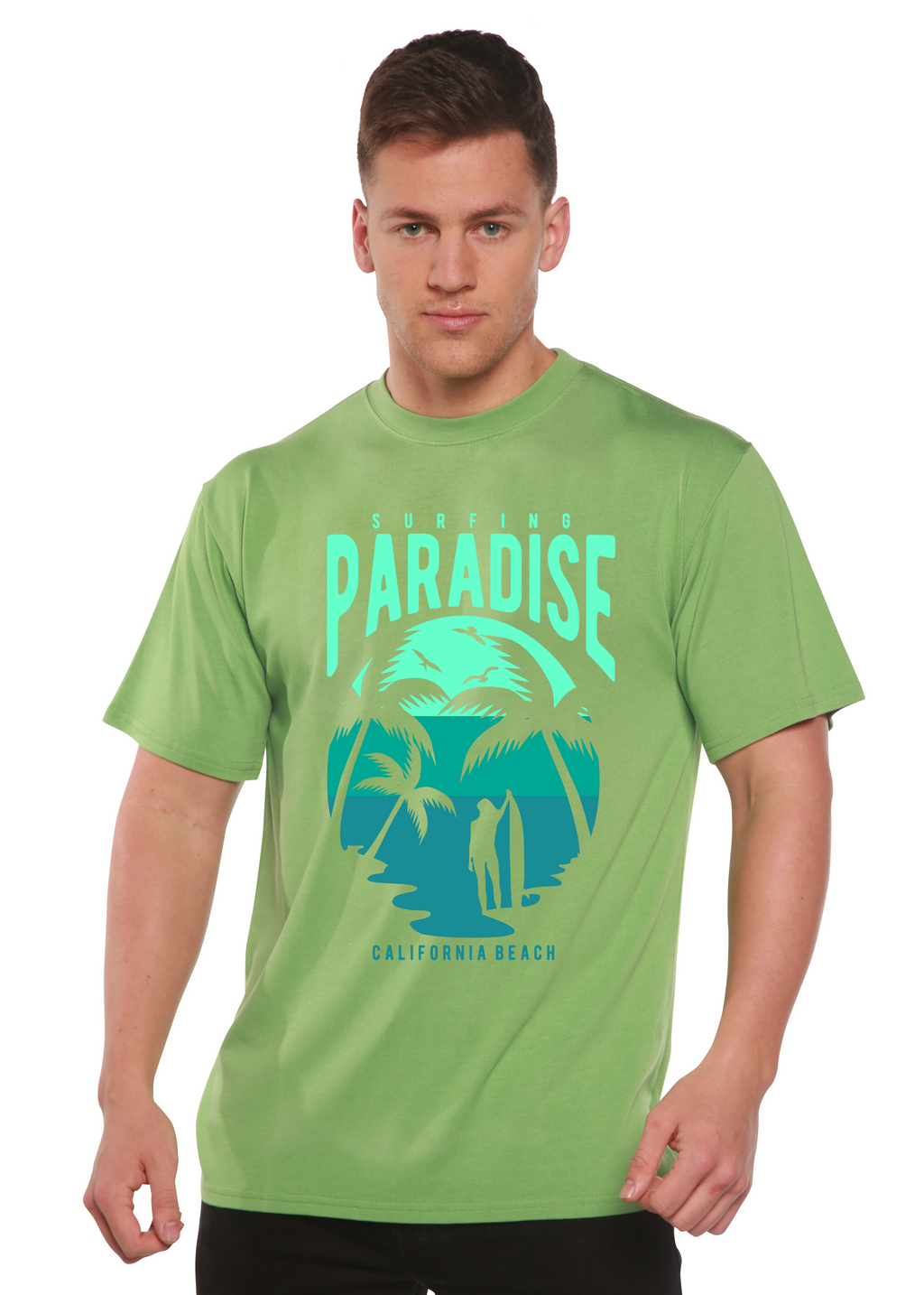 Camiseta gráfica de manga corta de viscosa de bambú y algodón orgánico para hombre Surfing Paradise California Spun Bamboo®