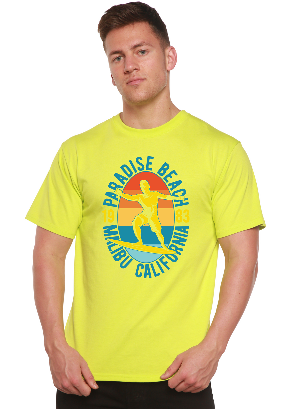Camiseta gráfica de manga corta de bambú/algodón orgánico Paradise Beach 1983 para hombre