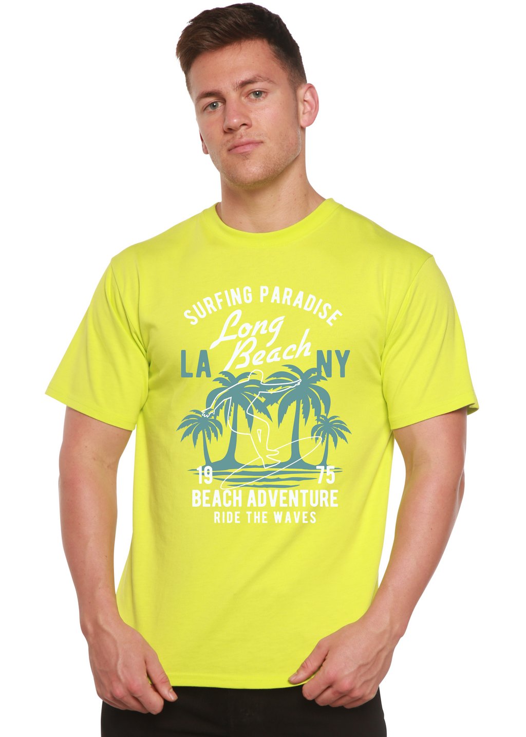 Camiseta gráfica de manga corta de viscosa de bambú/algodón orgánico "Aventura en la playa" para hombre