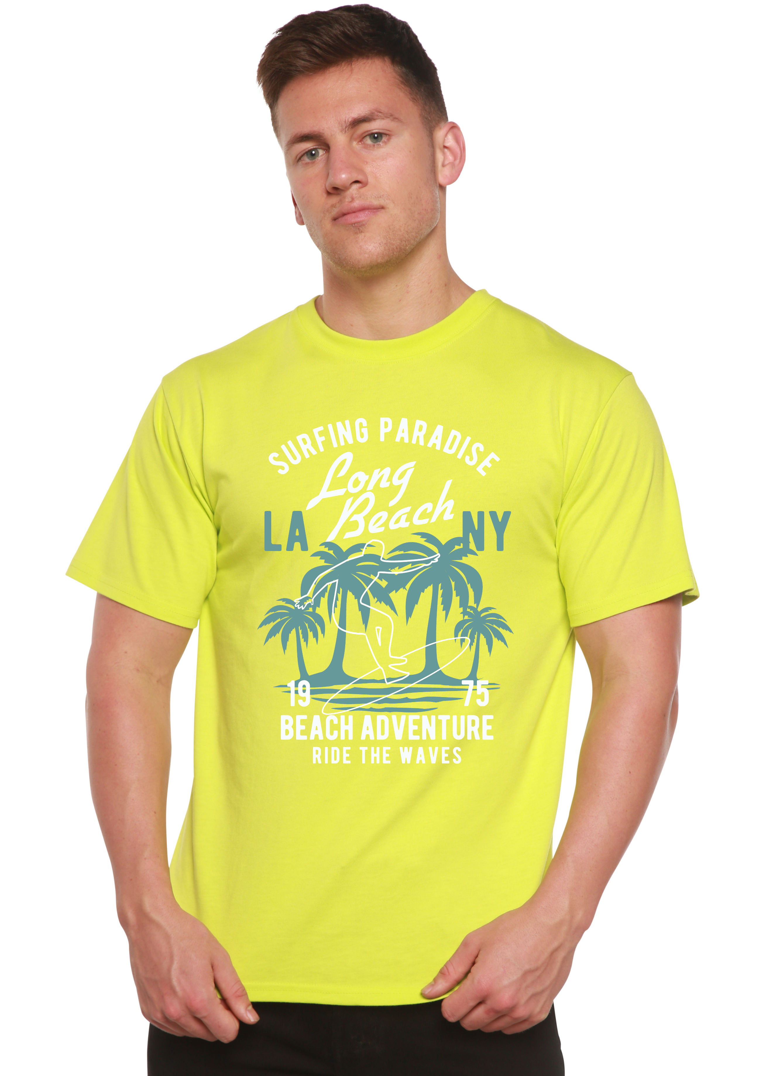 Camiseta gráfica de manga corta de viscosa de bambú/algodón orgánico "Aventura en la playa" para hombre