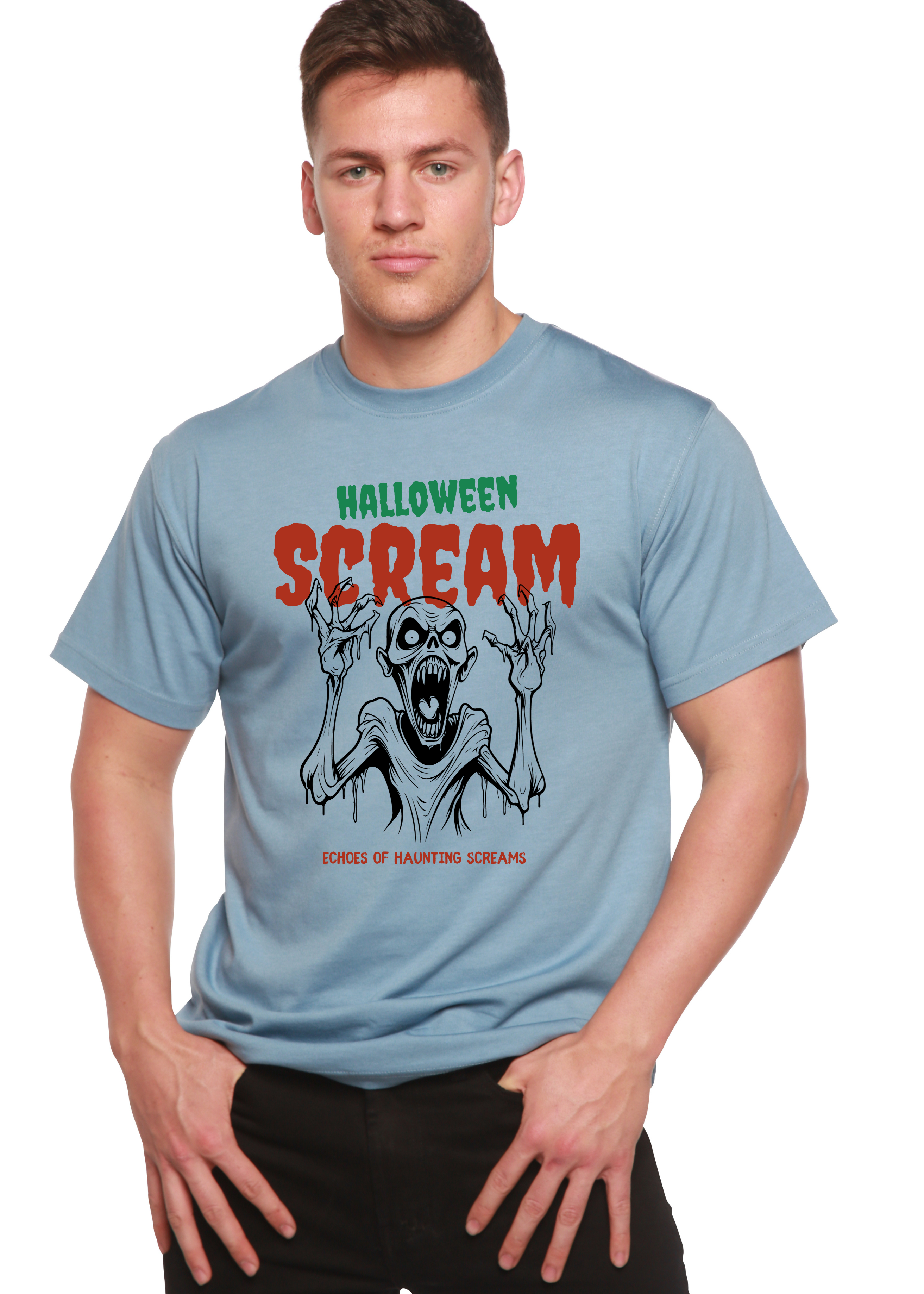 Camiseta gráfica de manga corta de viscosa de bambú y algodón orgánico para hombre Halloween Scream