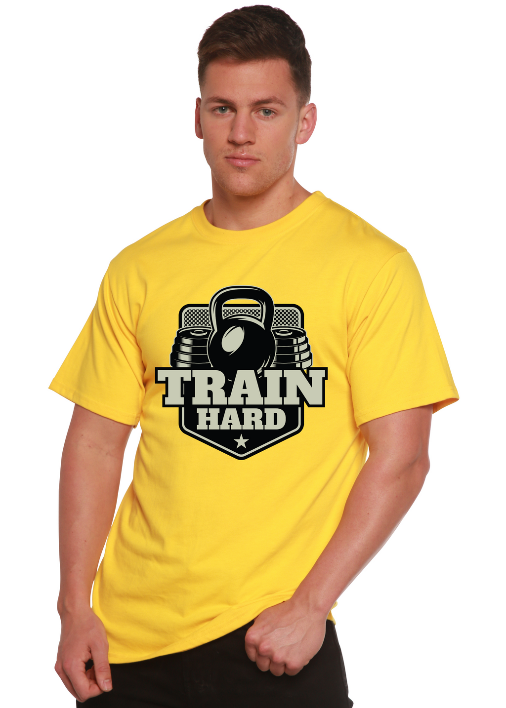 Camiseta gráfica de manga corta de bambú-viscosa/algodón orgánico para hombre "Entrena duro"