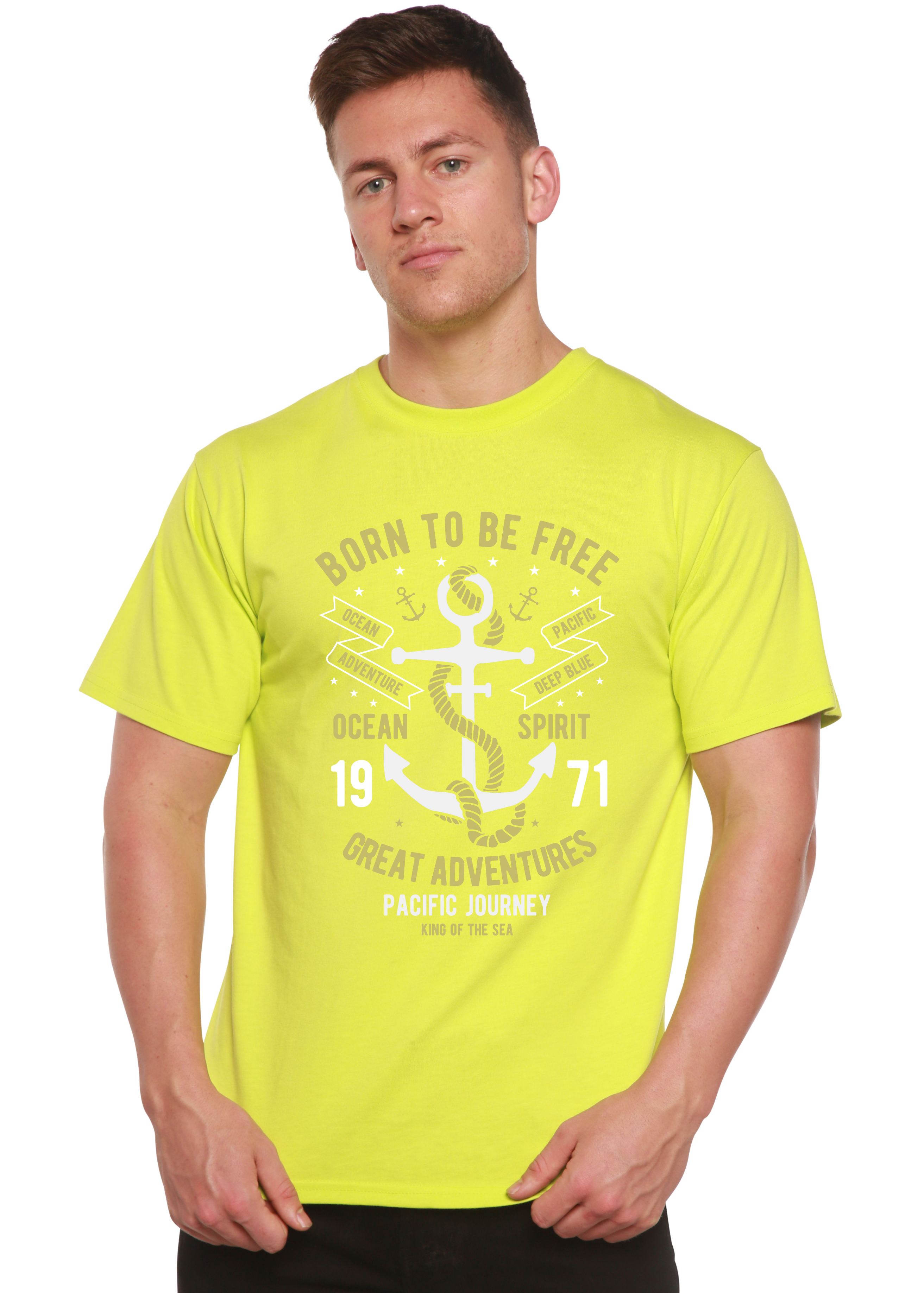 Camiseta de manga corta para hombre de bambú viscosa/algodón orgánico con gráfico "Born To Be Free"