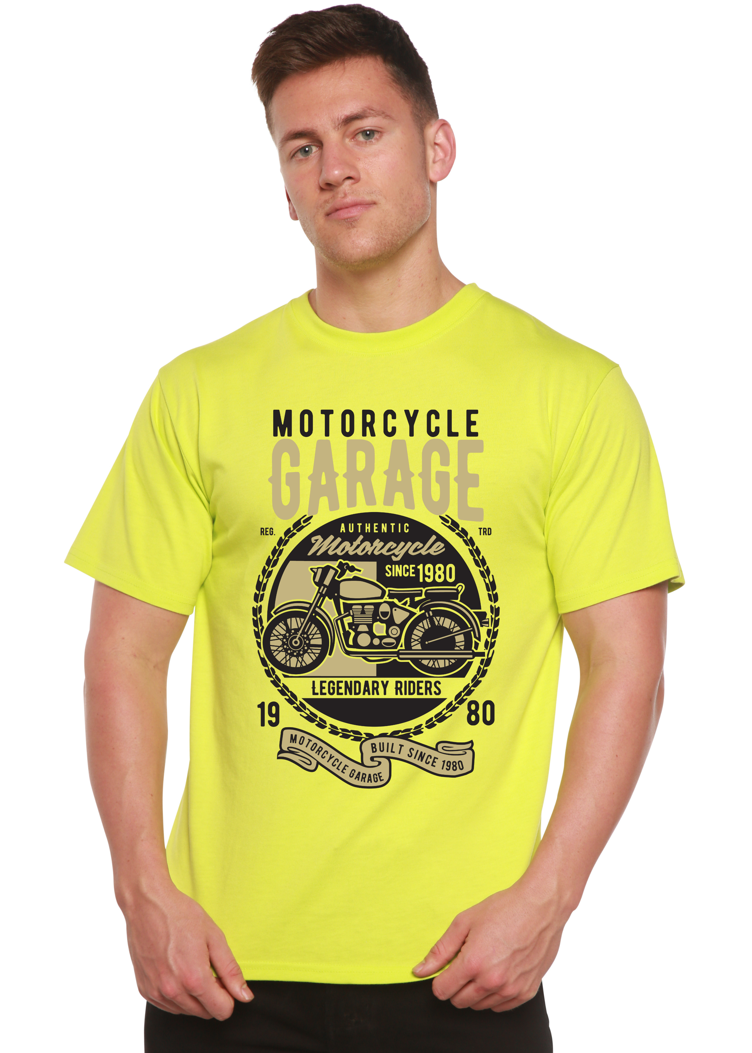 Camiseta gráfica de manga corta de viscosa de bambú y algodón orgánico para hombre "Motorcycle Garage"