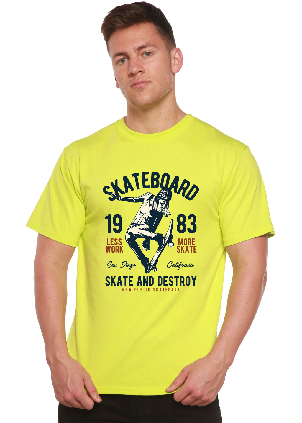 Camiseta gráfica de manga corta de viscosa de bambú/algodón orgánico "Skateboard 1983" para hombre