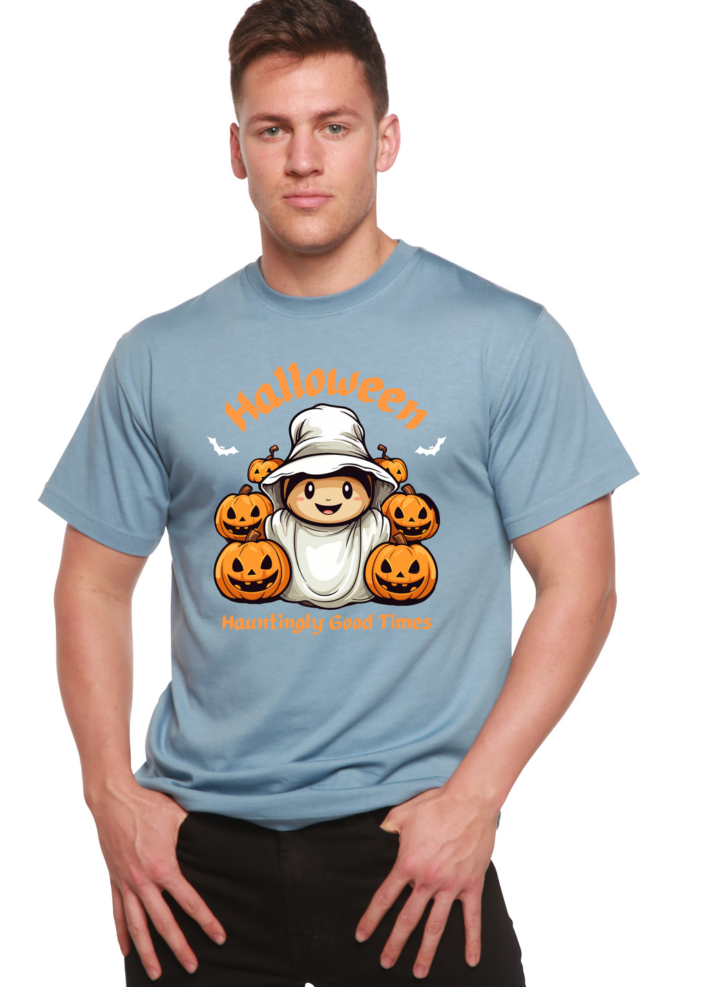 Camiseta gráfica de manga corta de bambú/algodón orgánico para hombre "Halloween Hauntingly Good Times Day"