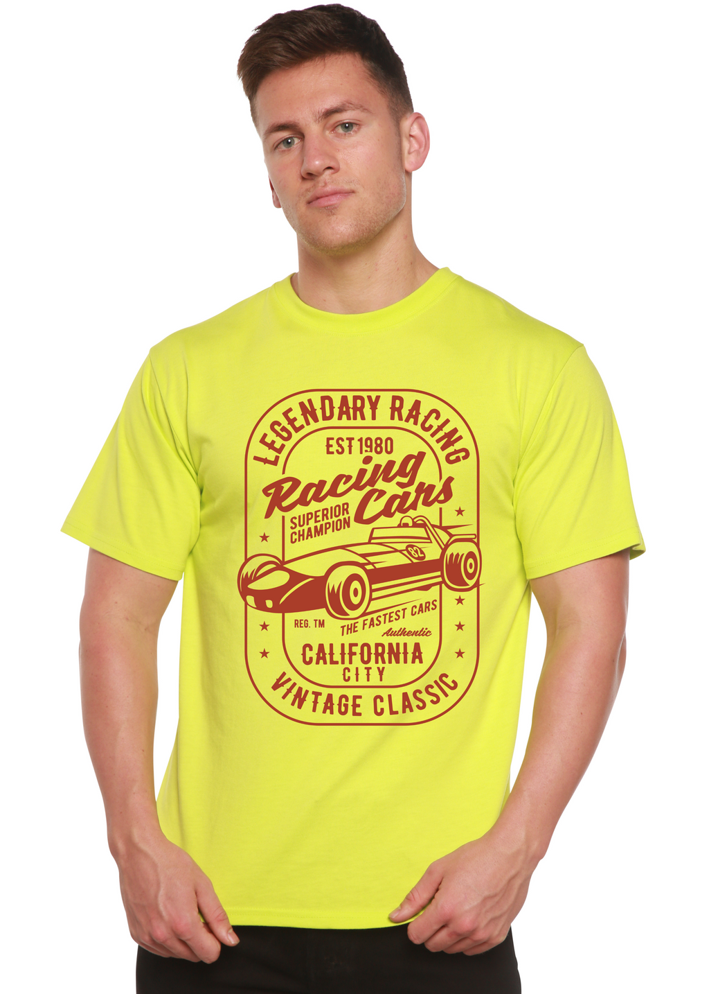 Camiseta gráfica de manga corta para hombre Legendary Racing Cars de bambú-viscosa/algodón orgánico