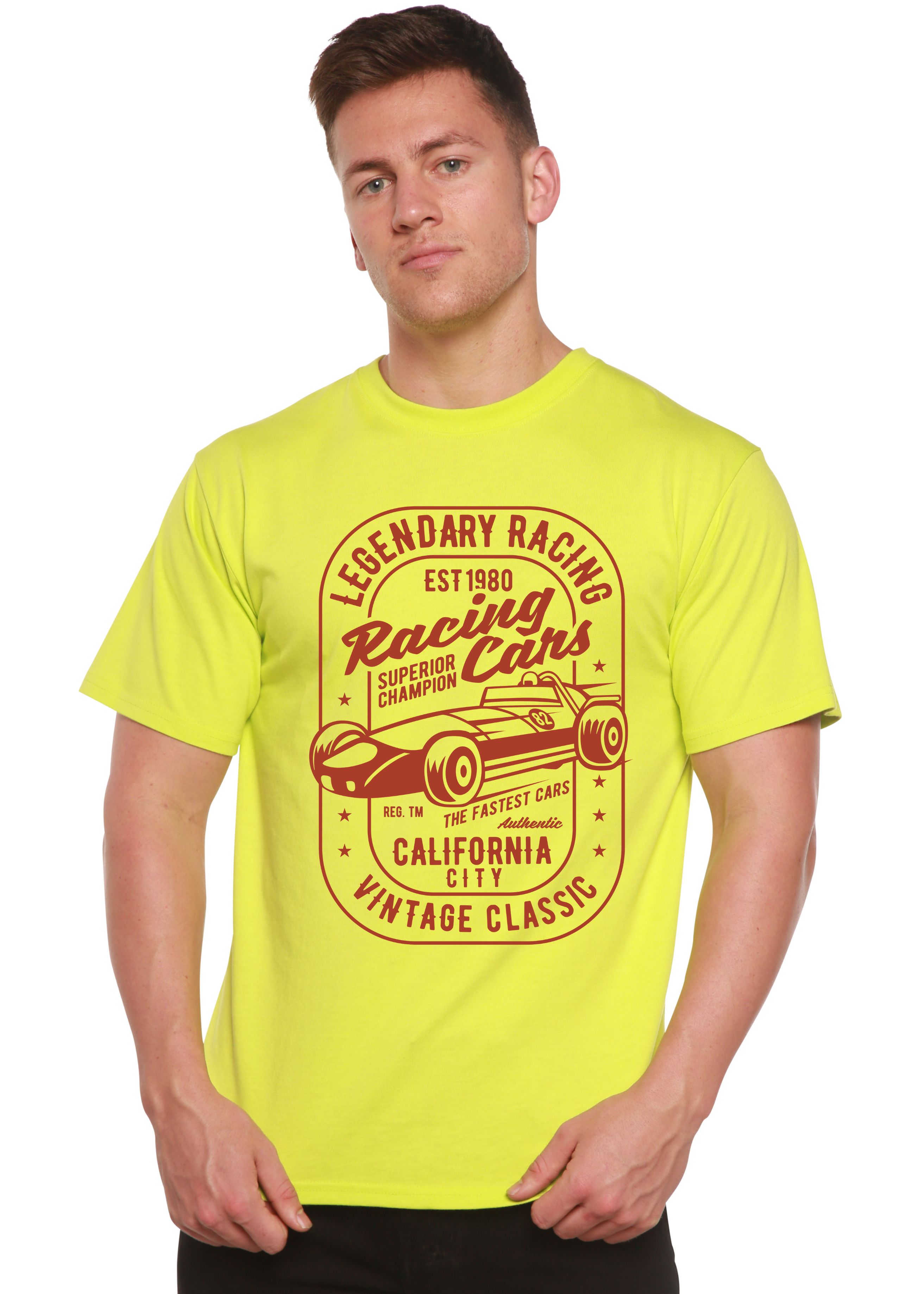 Camiseta gráfica de manga corta para hombre Legendary Racing Cars de bambú-viscosa/algodón orgánico