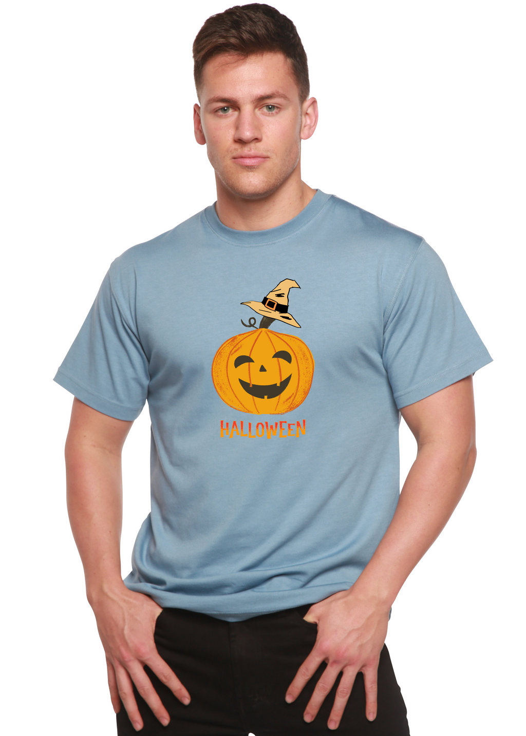 Camiseta gráfica de manga corta de viscosa de bambú/algodón orgánico unisex con calabaza de Halloween