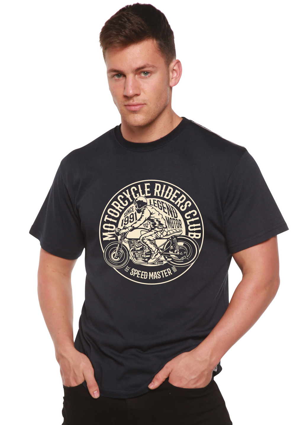 Camiseta de manga corta con gráfico de bambú viscosa/algodón orgánico para hombre del club de motociclistas