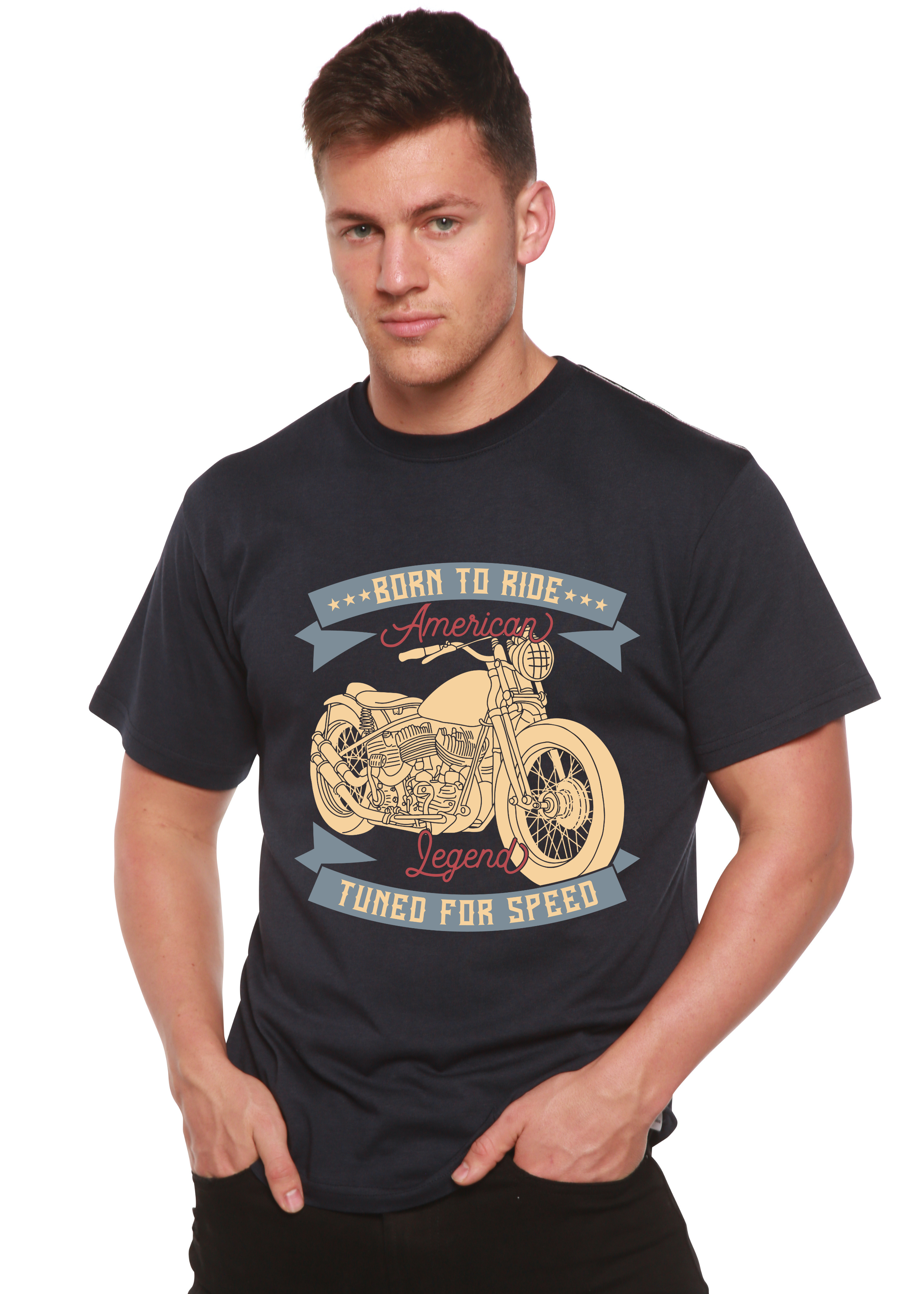 Camiseta gráfica de manga corta para hombre "Born To Ride American Legend" de bambú viscosa/algodón orgánico