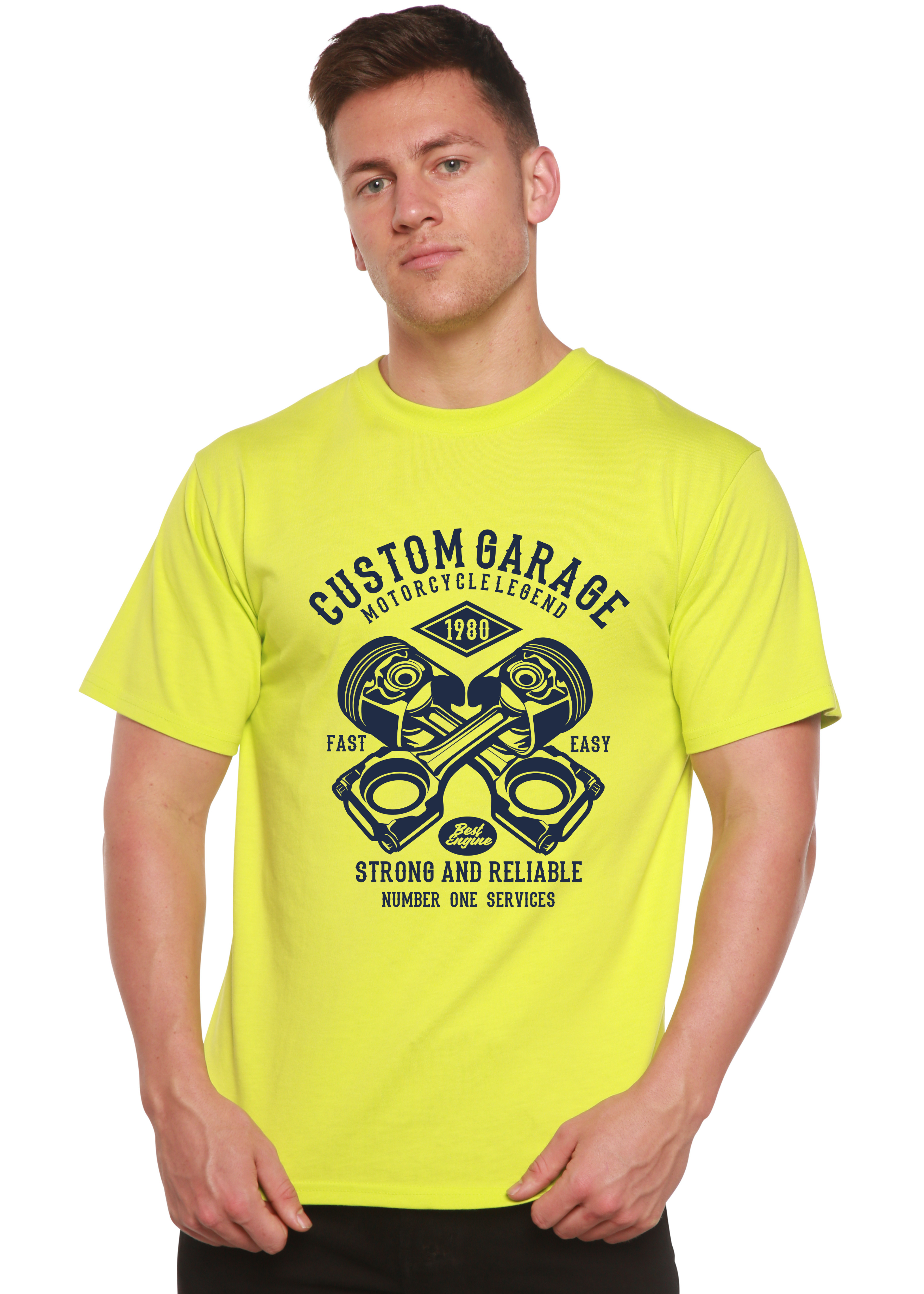 Camiseta Gráfica de Manga Corta de Viscosa de Bambú y Algodón Orgánico para Hombre Custom Garage