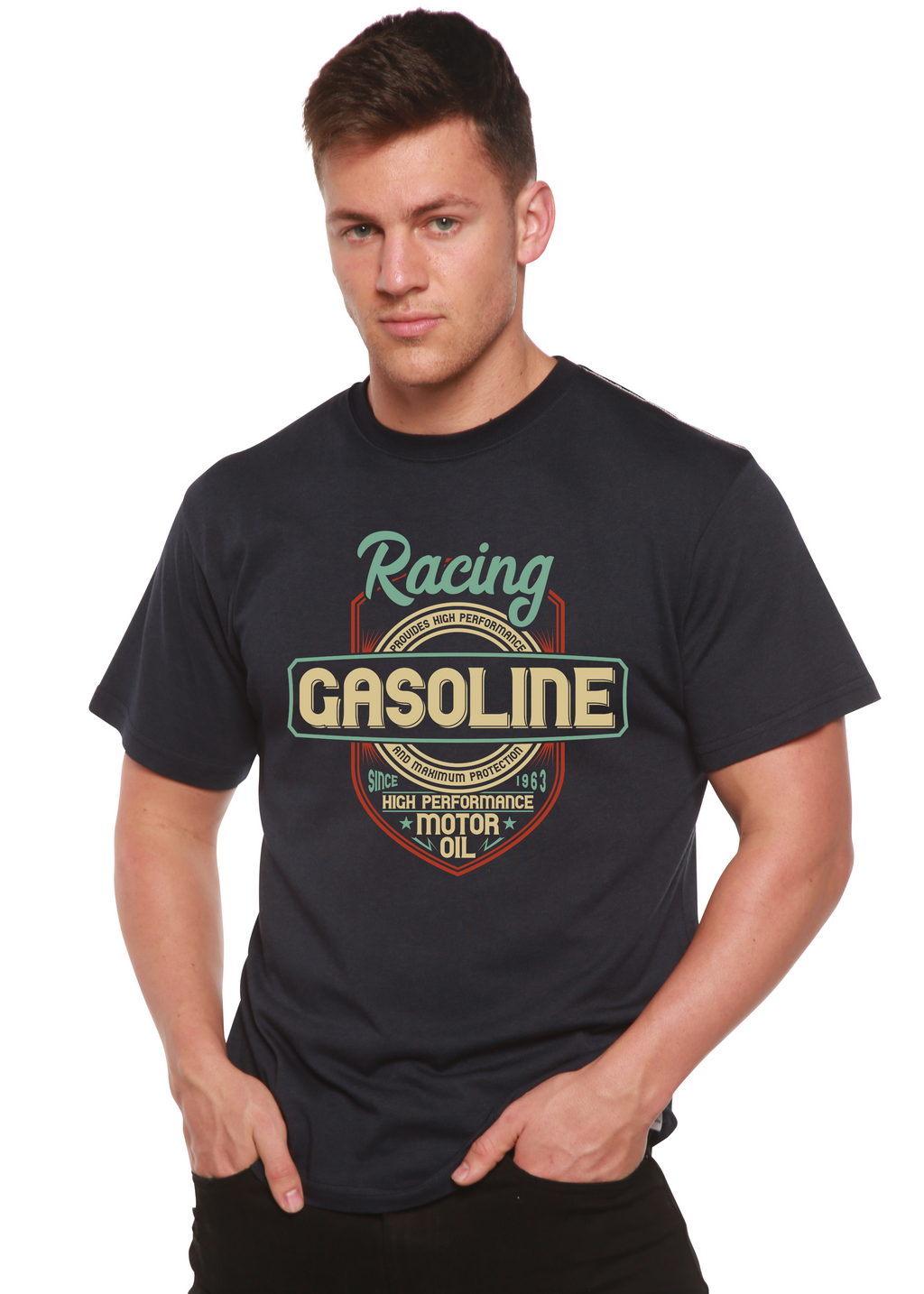 Camiseta gráfica de manga corta de viscosa de bambú y algodón orgánico para hombre Racing