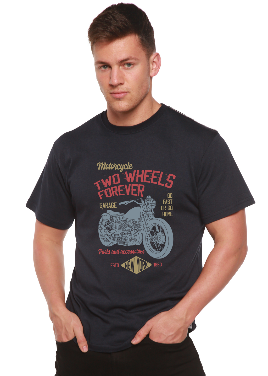 Camiseta gráfica de manga corta de viscosa de bambú/algodón orgánico "Two Wheels Forever" para hombre